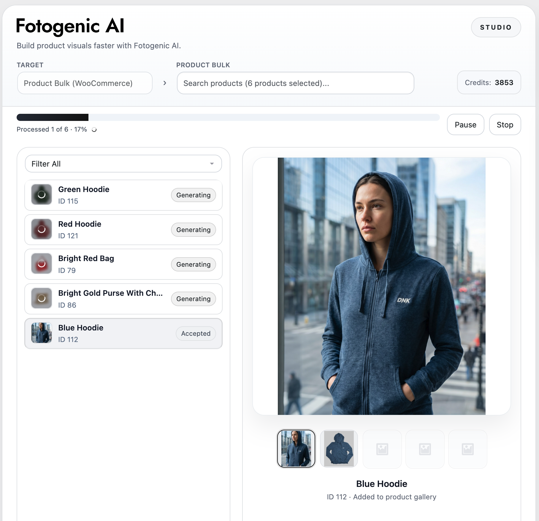 Fotogenic AI plugin dashboard inside WooCommerce, bulk product selection