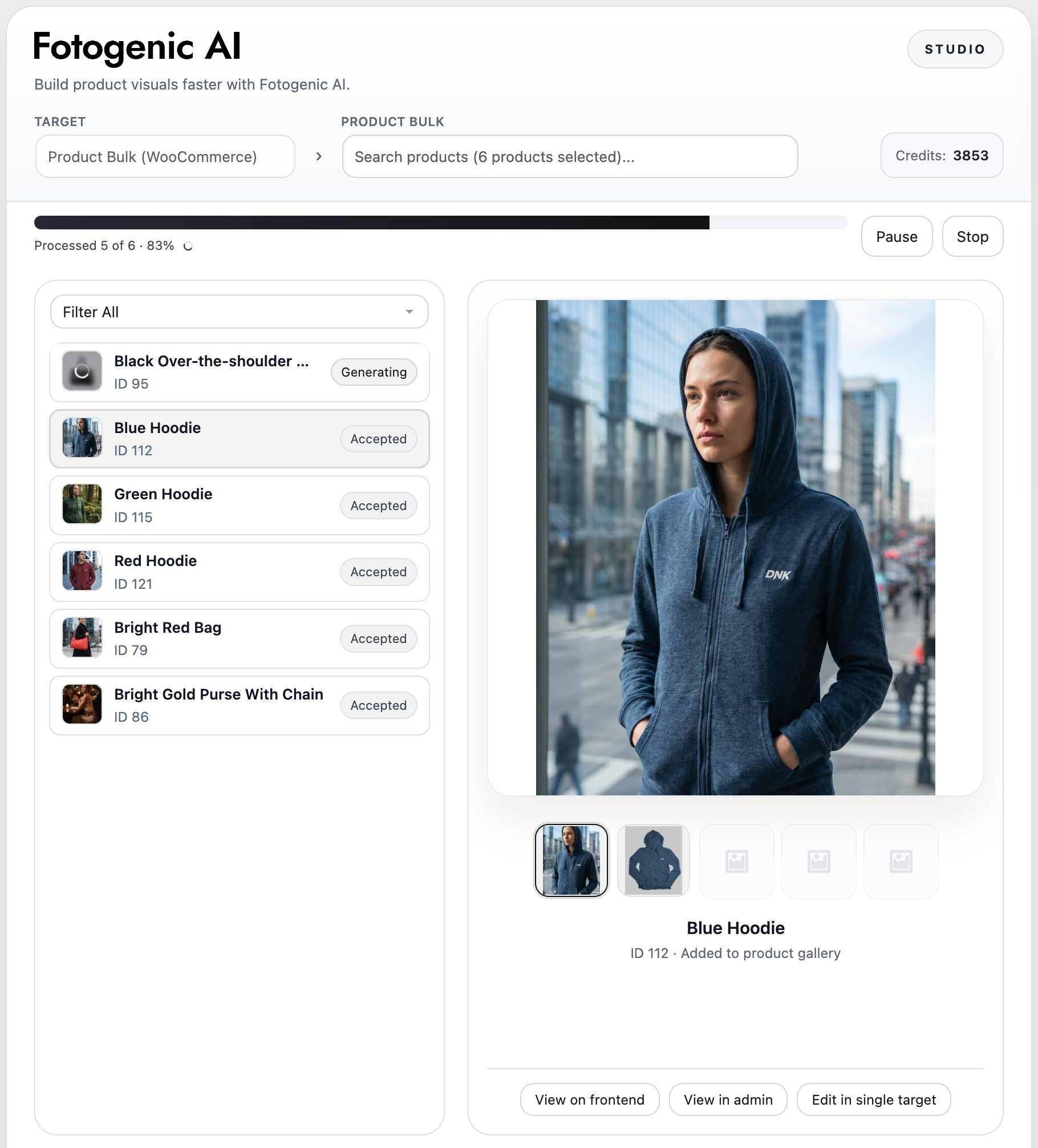 Fotogenic AI bulk generation inside the WordPress dashboard