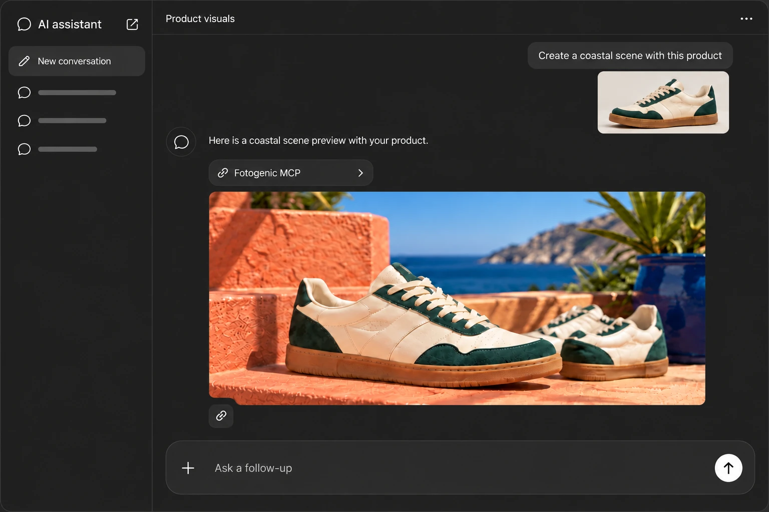 Fotogenic MCP interface illustration with a coastal sneaker conversation.