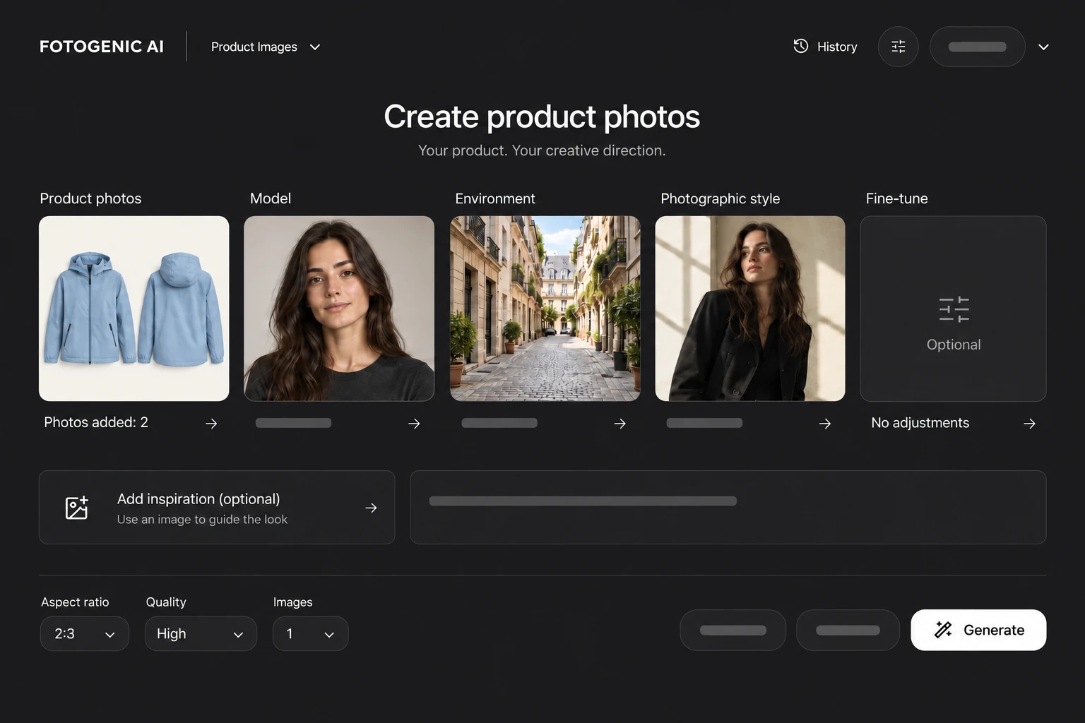Fotogenic Web App interface illustration configuring product photos, model, environment and photographic style.