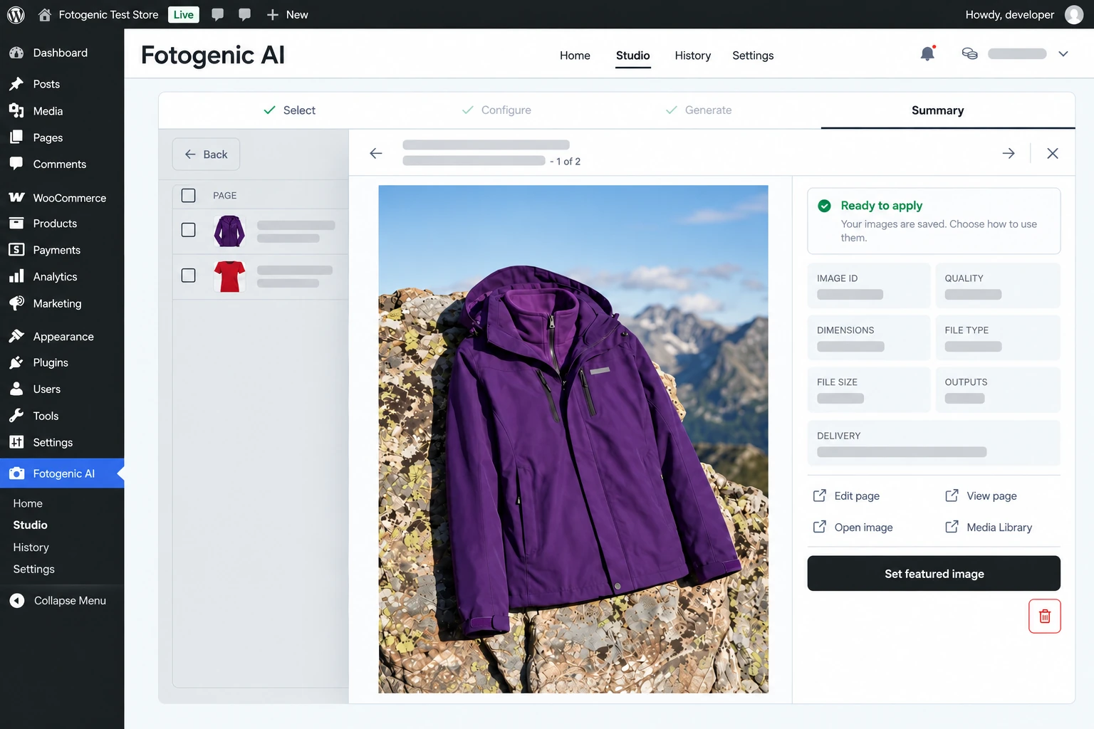 Fotogenic WordPress interface illustration reviewing a purple jacket product image.