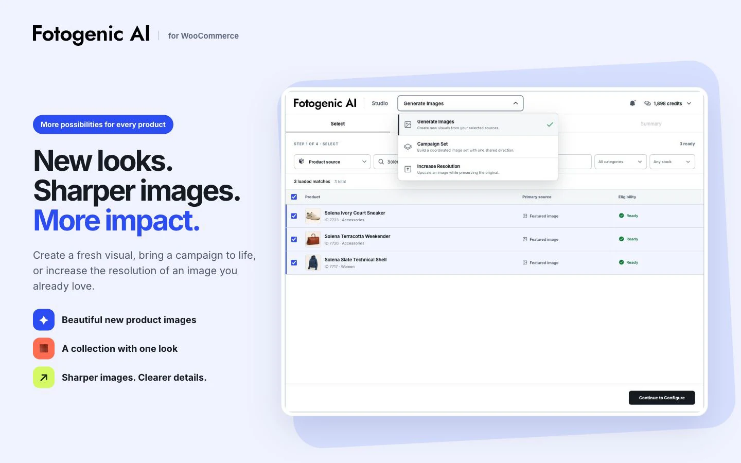 Fotogenic AI Studio with Generate Images, Campaign Set and Increase Resolution