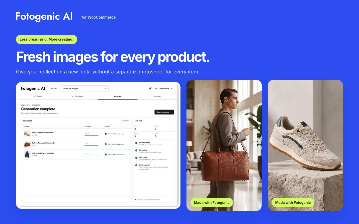 Generation progress and completed product visuals