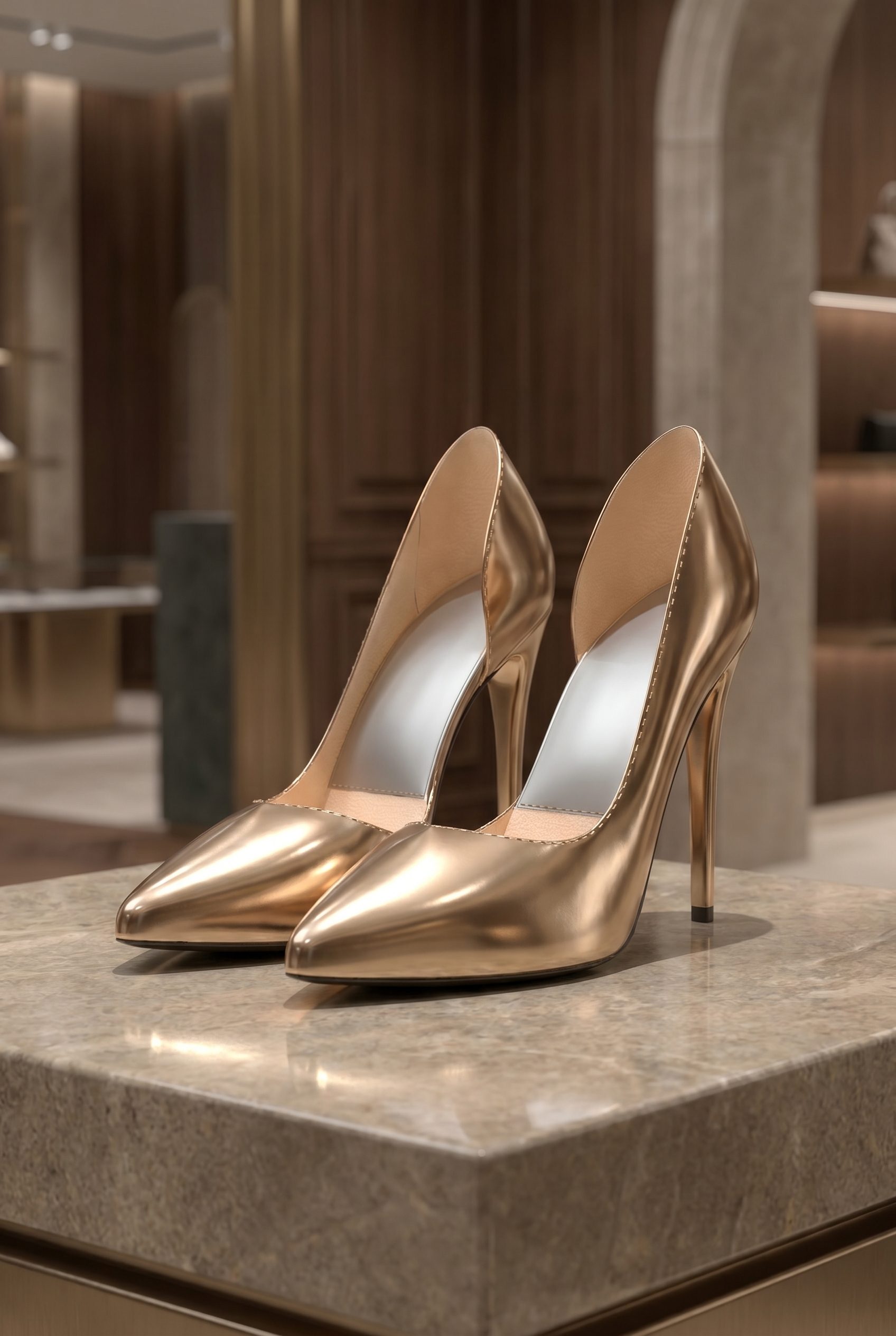 Gold heel lifestyle product image for footwear catalog visuals