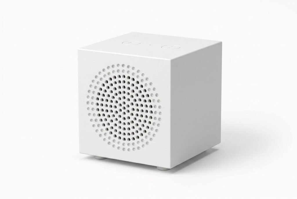 Complete white cube speaker on a pale studio background.