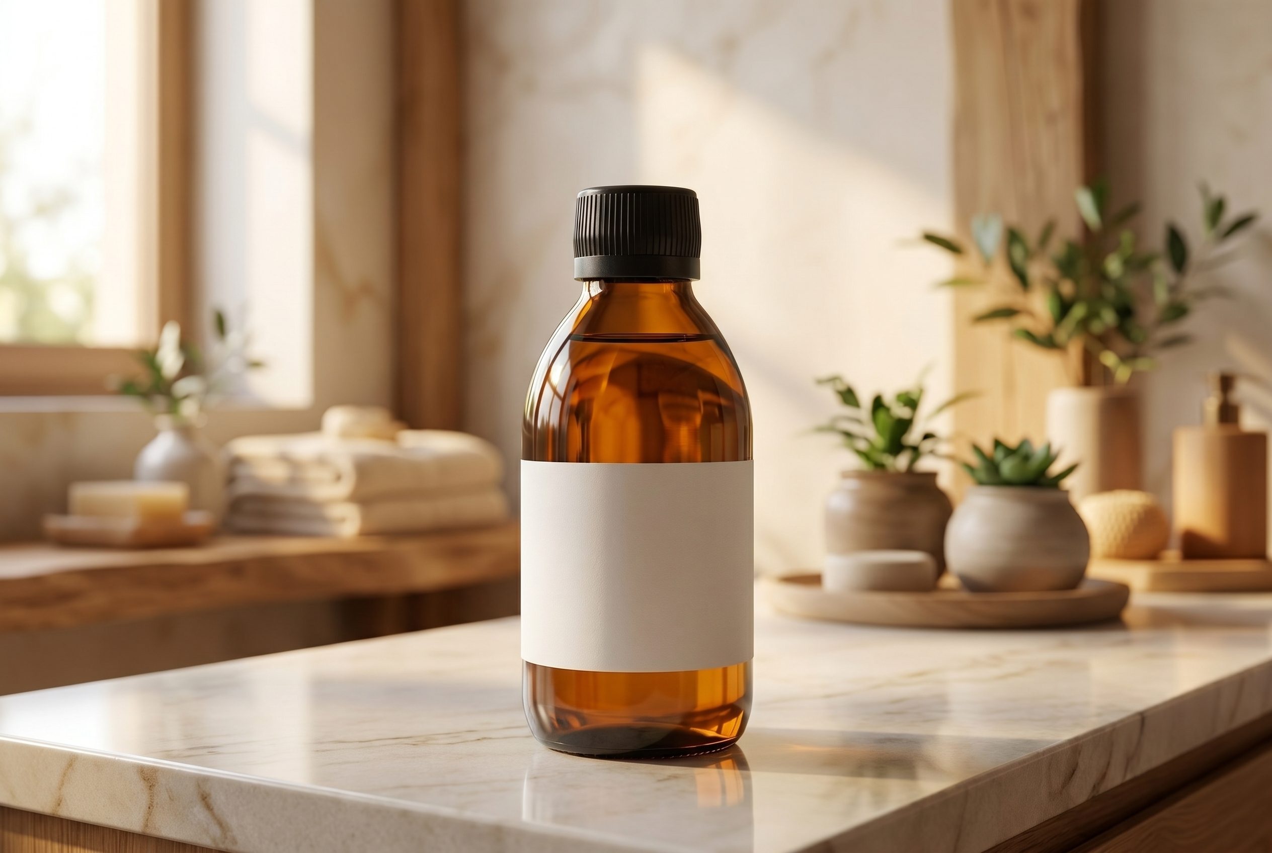 Realistic AI product image generator hero shot of a logo-free amber beauty bottle