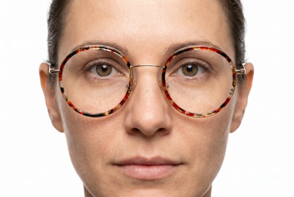 AI model generator output showing round glasses worn by a model