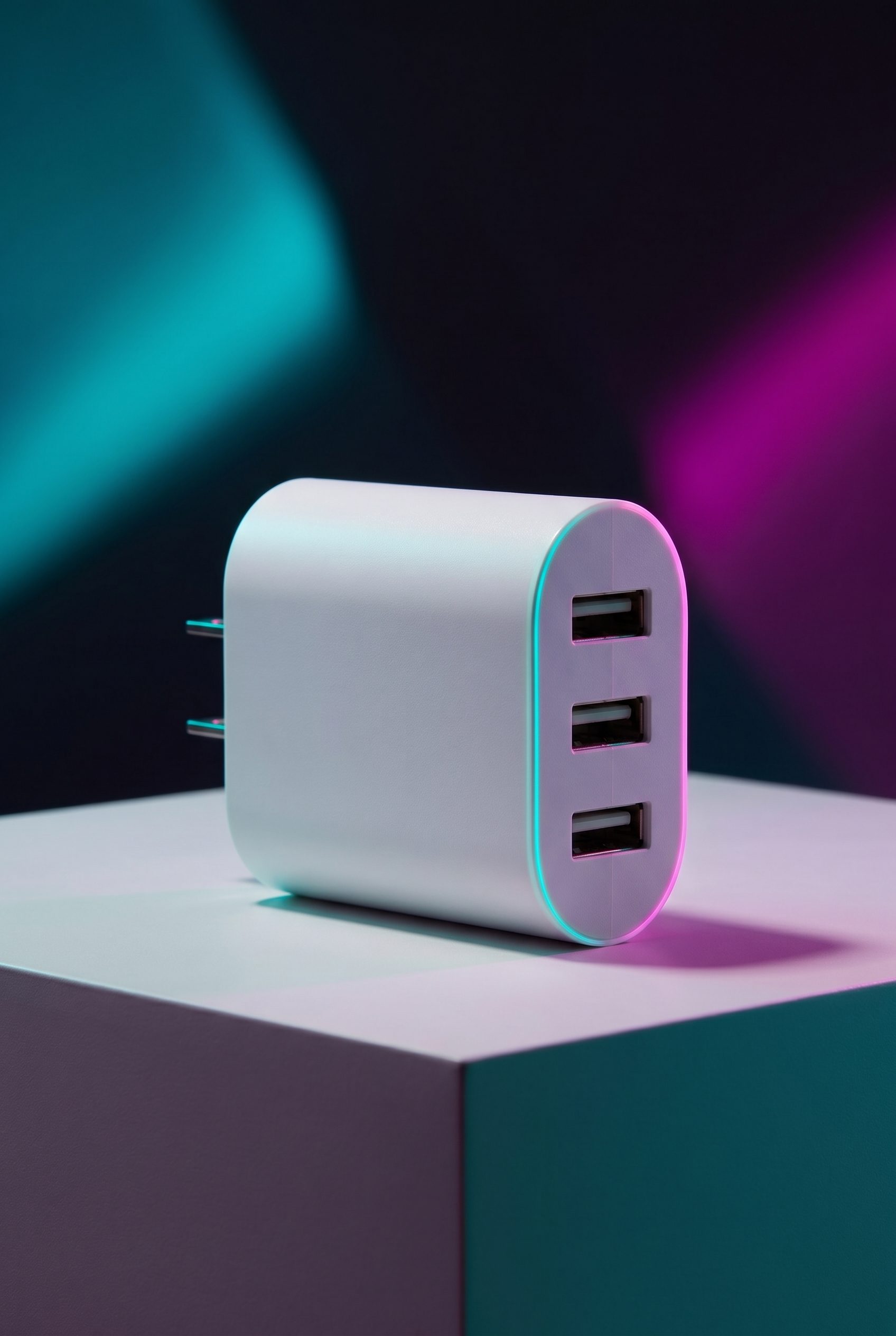 Bulk product image generation editorial neon accent scene with a USB charger