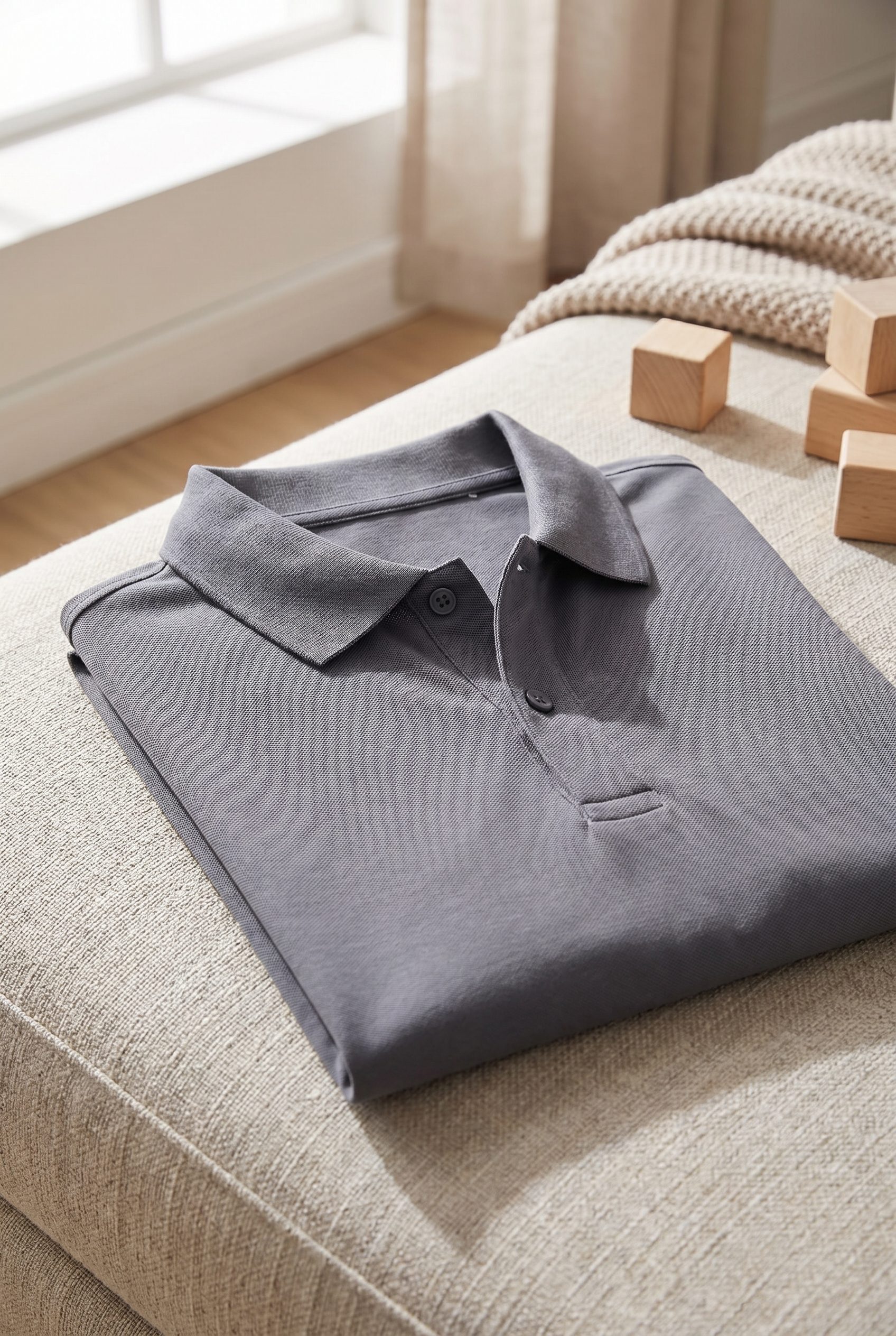 AI background generator for product photos showing a gray polo in a family home scene with wooden toys