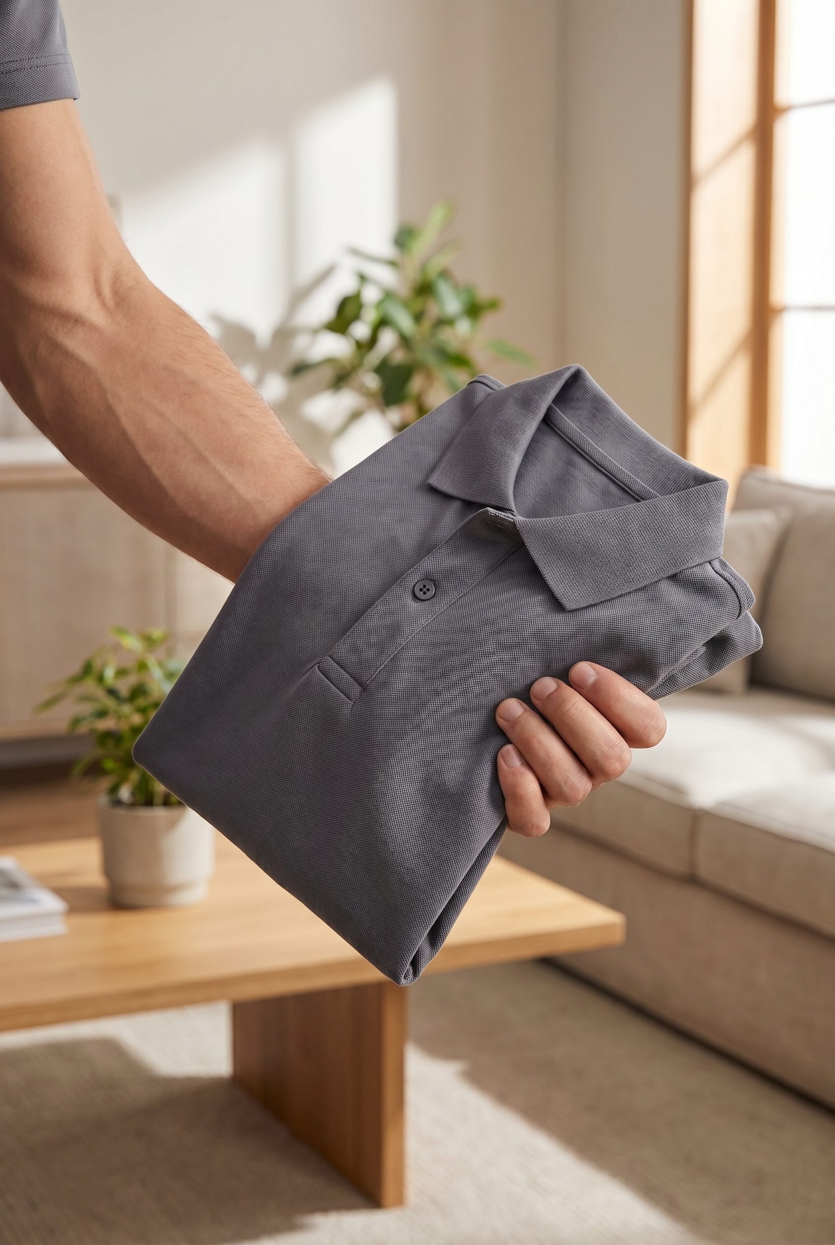 AI background generator for product photos showing a gray polo held in hand in a warm lifestyle scene