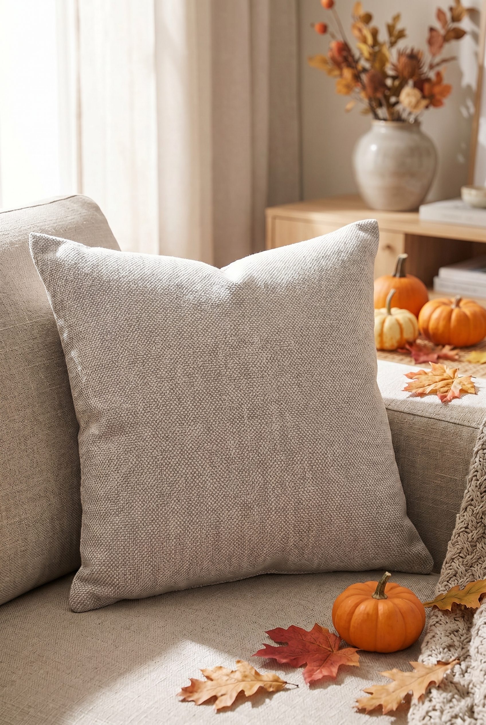 Bulk product image generation autumn seasonal scene with a woven cushion