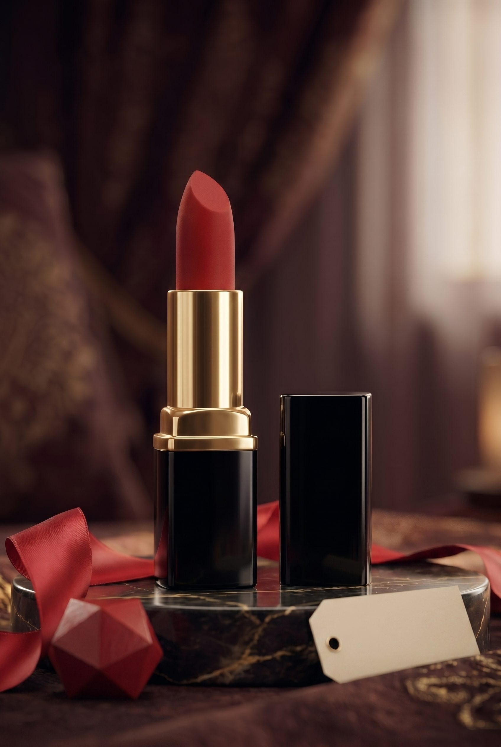 Bulk product image generation promotional seasonal scene with lipstick and sale tag