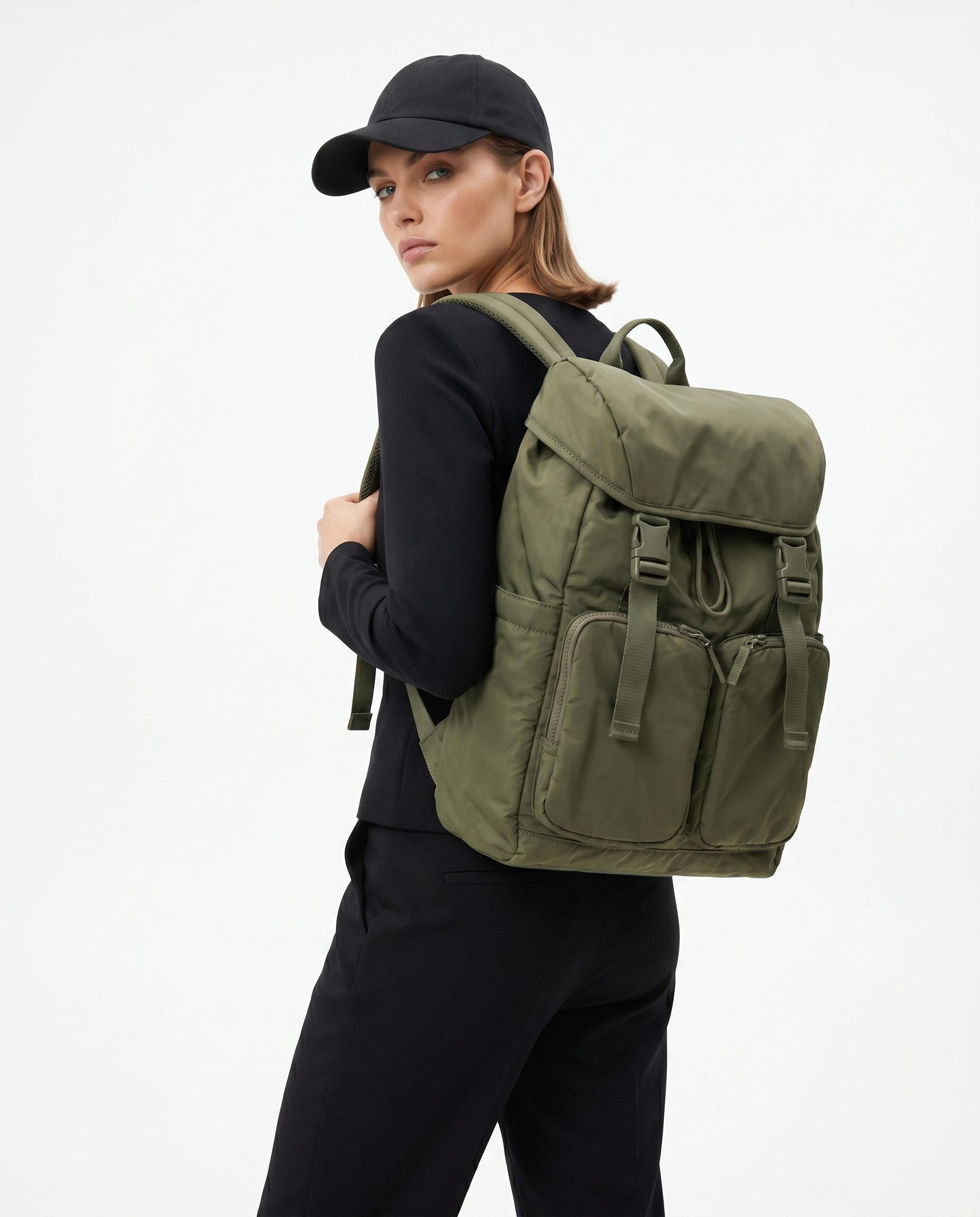 Bulk product image generation paid social portrait creative with a backpack