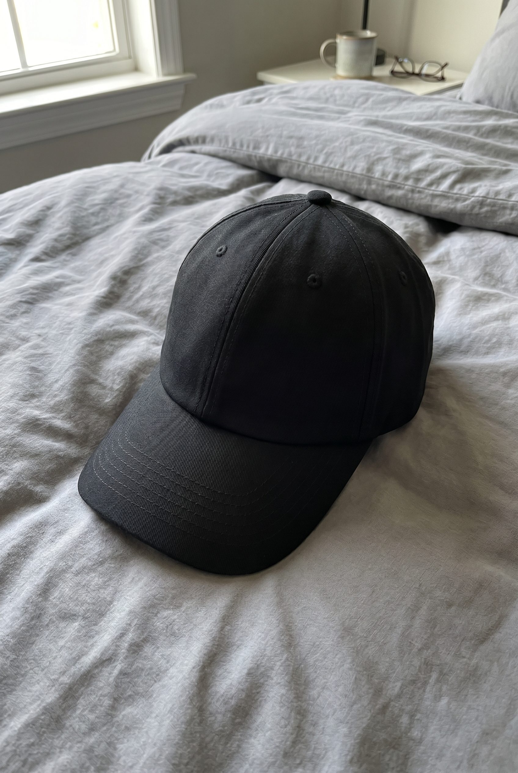 Bulk product image generation UGC style social scene with a black cap