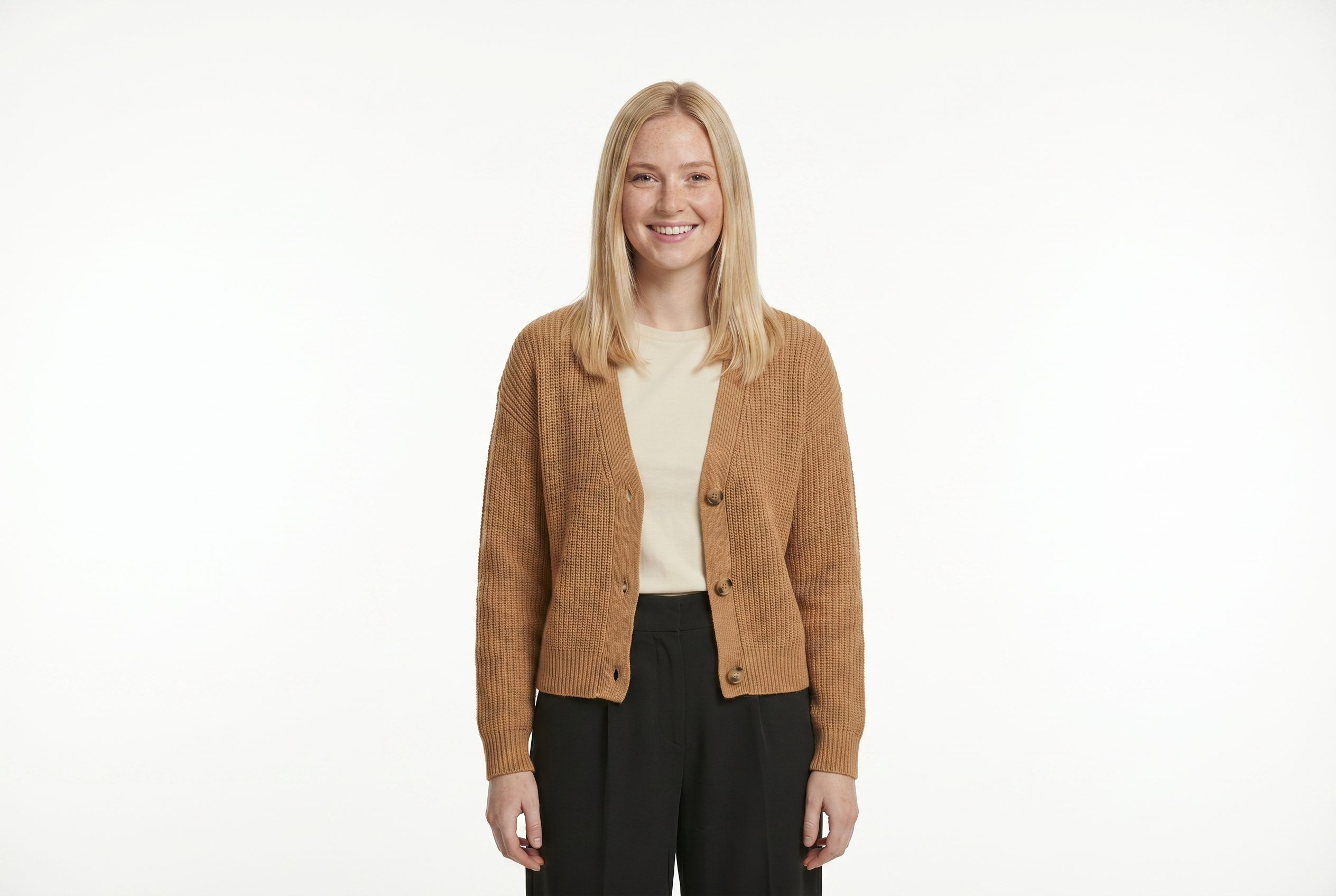 Fotogenic AI model generator output showing a blonde model wearing a camel cardigan in a balanced 3 by 2 ecommerce crop