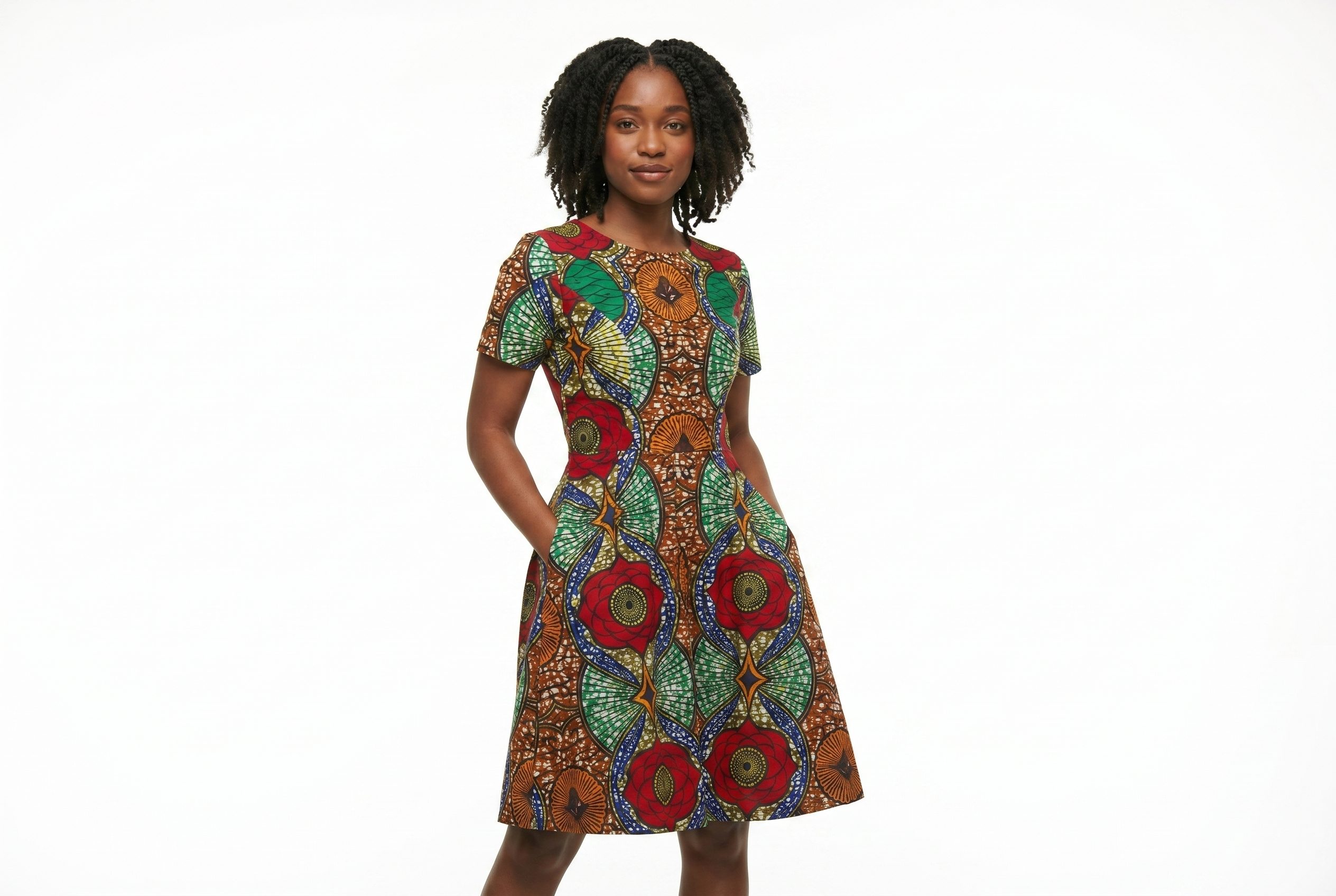 Fotogenic AI model generator workflow step showing a patterned dress on a model in a 3 by 2 ecommerce crop