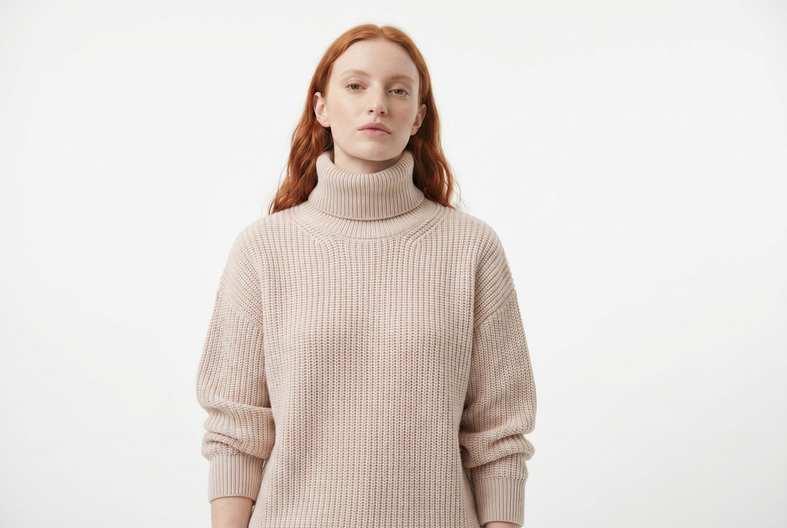 Fotogenic AI model generator export ready model product photo showing a sweater in a clean horizontal layout