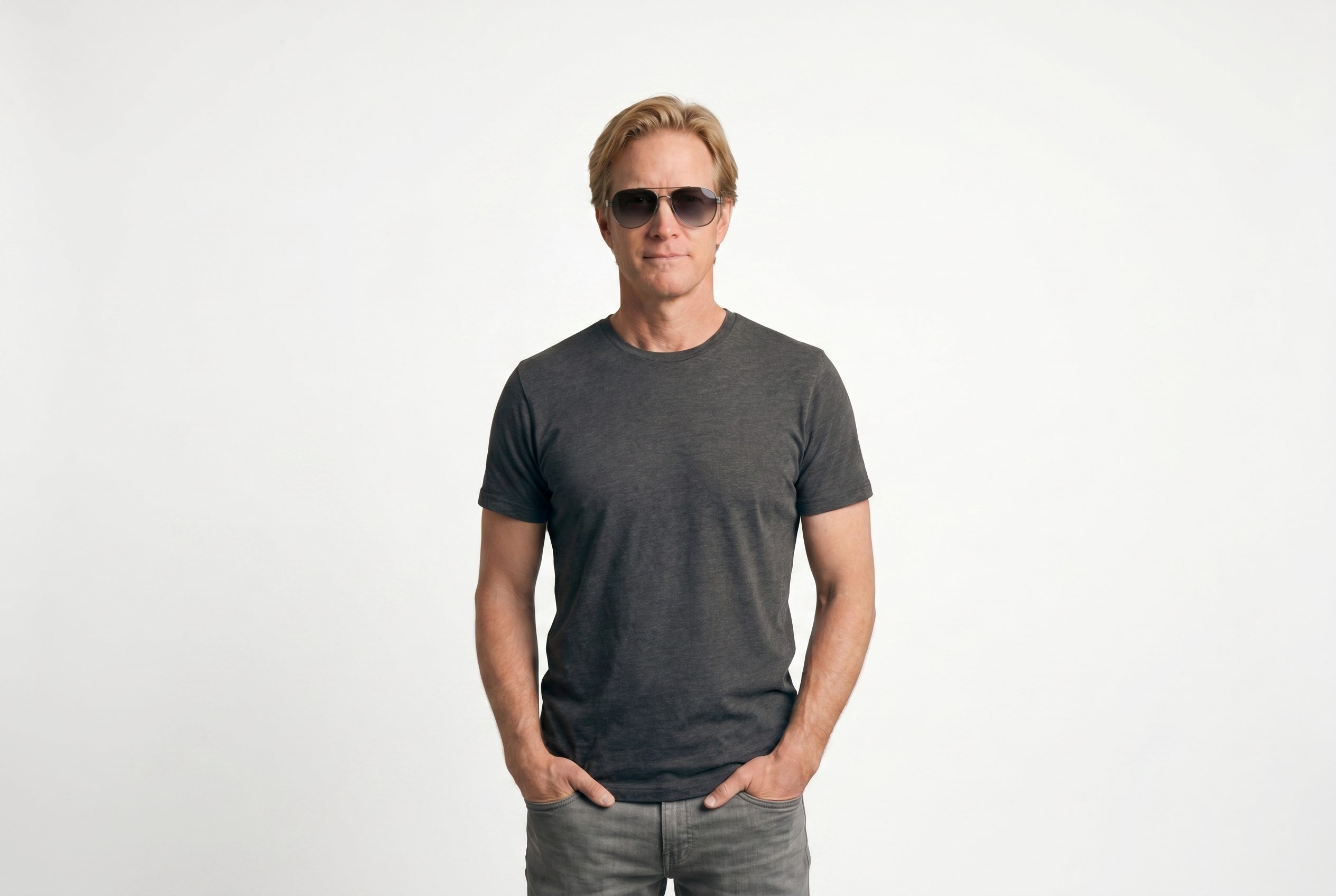 Fotogenic AI model generator catalog image showing sunglasses on a realistic model in a balanced wide crop