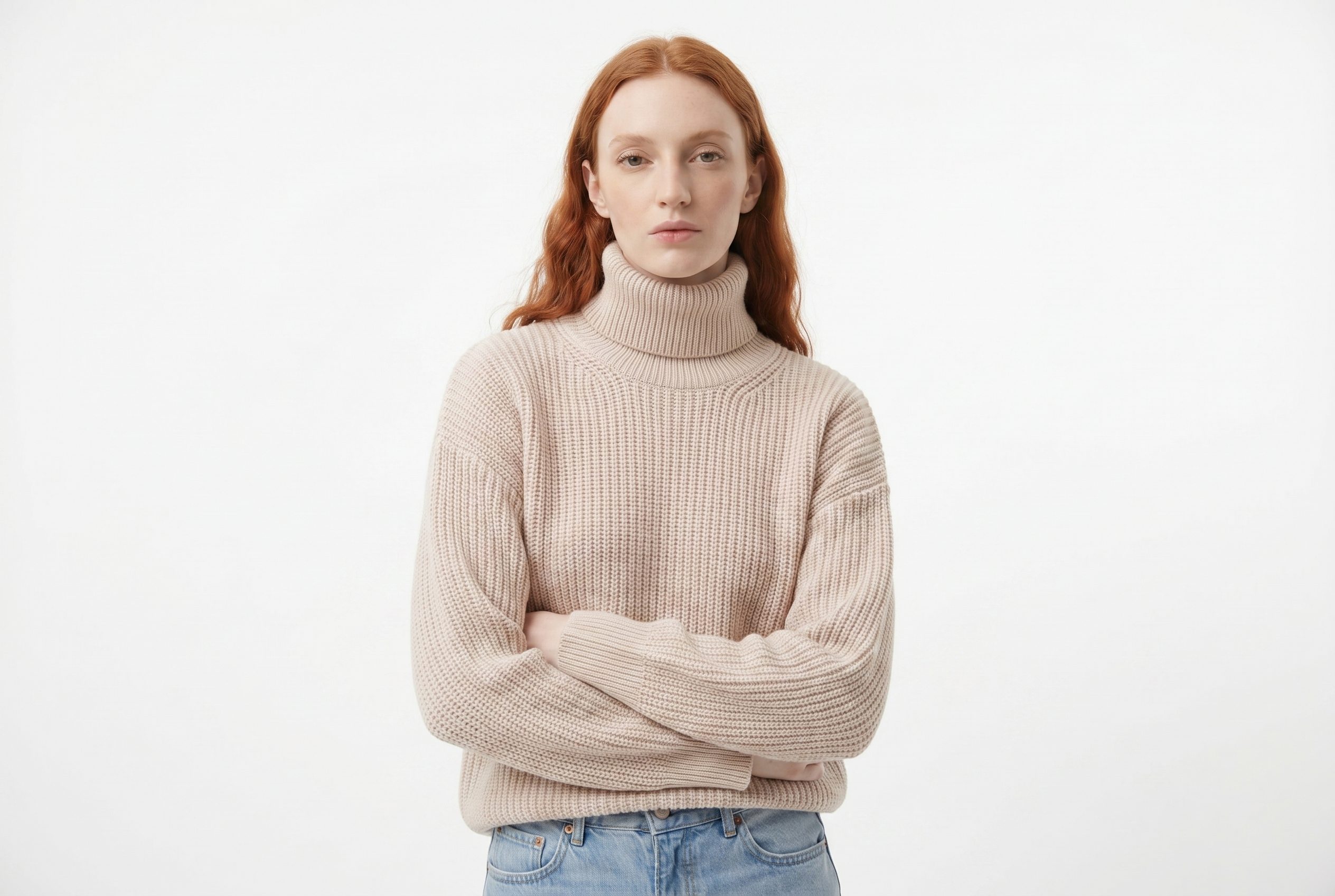 Fotogenic AI model generator 3:2 ecommerce output of a model wearing a beige knit sweater