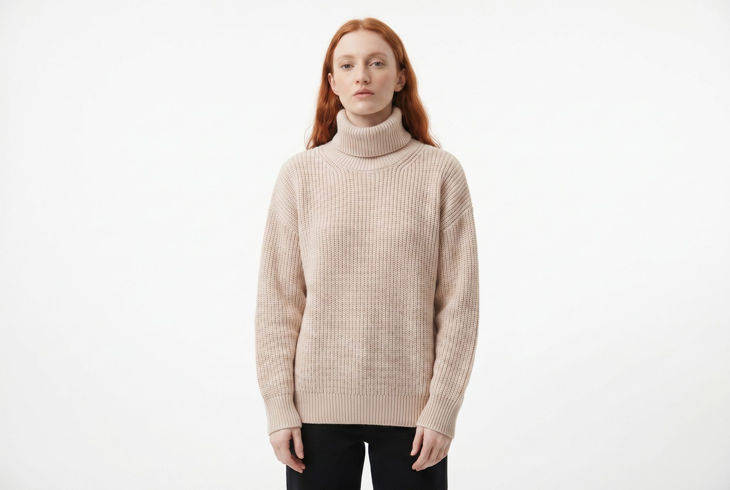 Fotogenic AI model generator step image showing a sweater model product photo with full head and torso visible