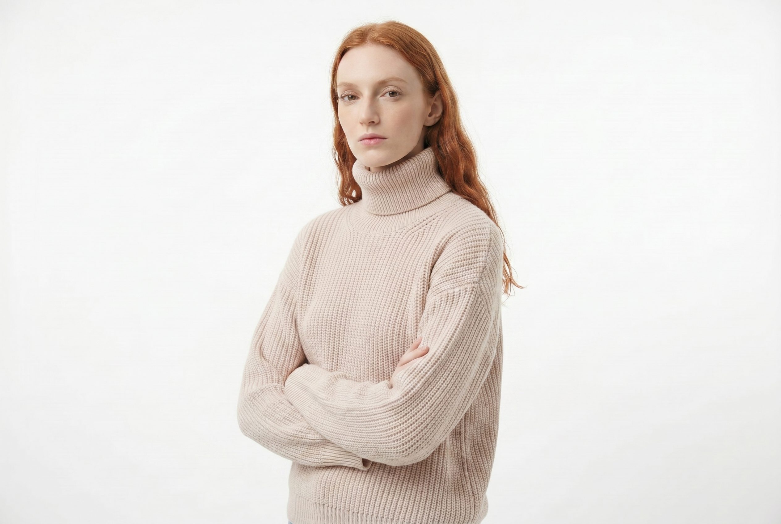 Fotogenic AI model generator output showing the same red-haired sweater model from a left three-quarter ecommerce angle