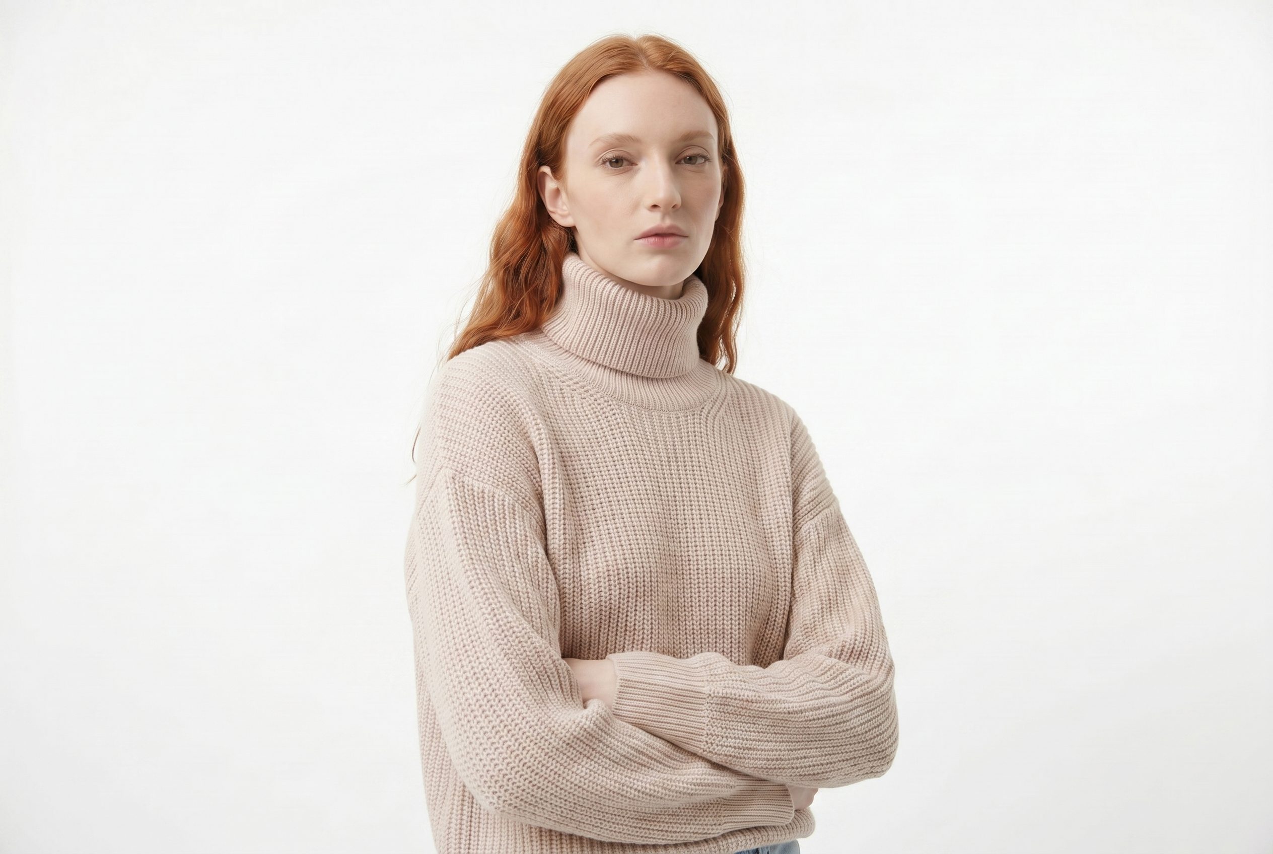 Fotogenic AI model generator output showing the same red-haired sweater model from a right three-quarter ecommerce angle
