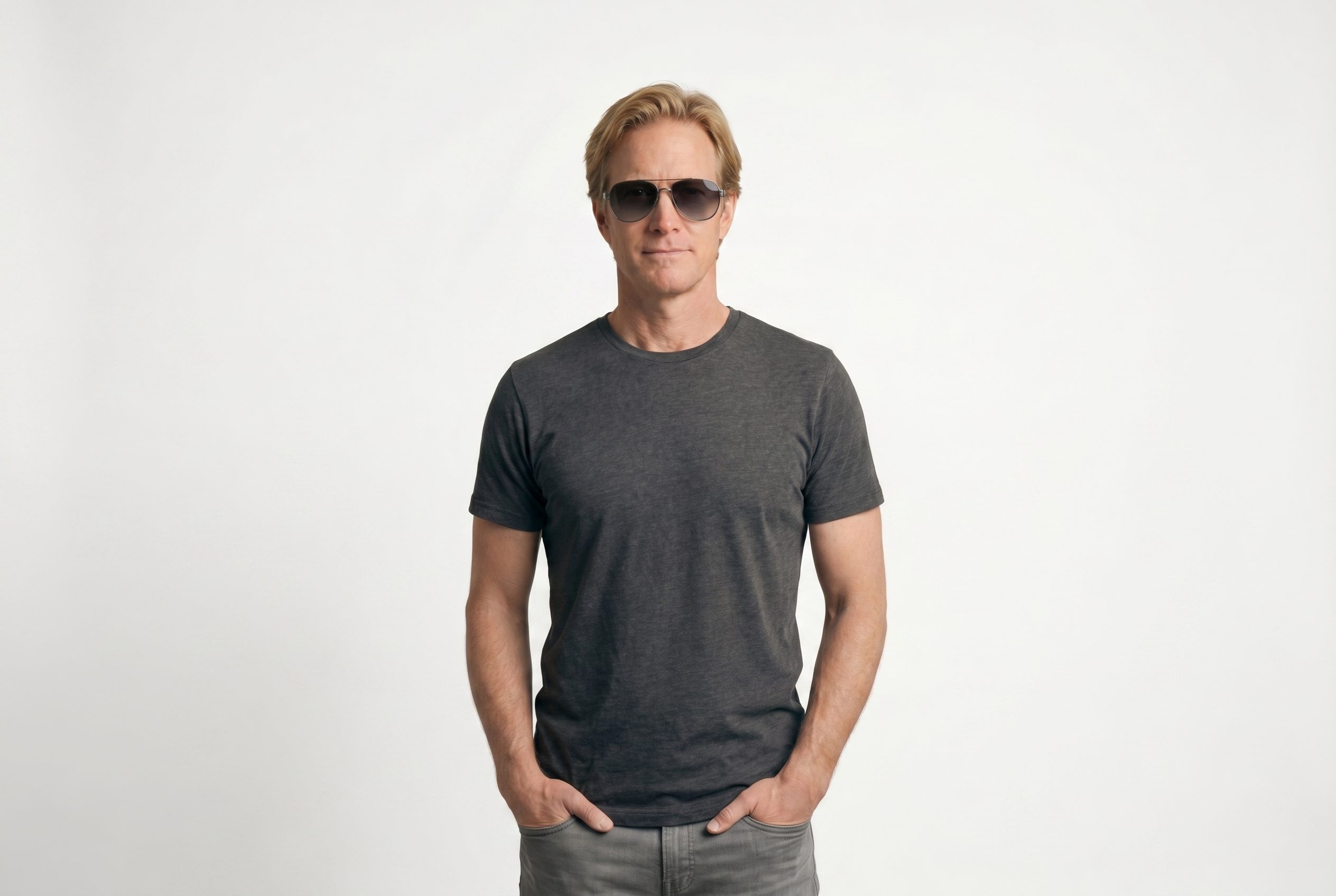 Fotogenic AI model generator workflow step showing a t shirt and sunglasses model product photo in a horizontal crop