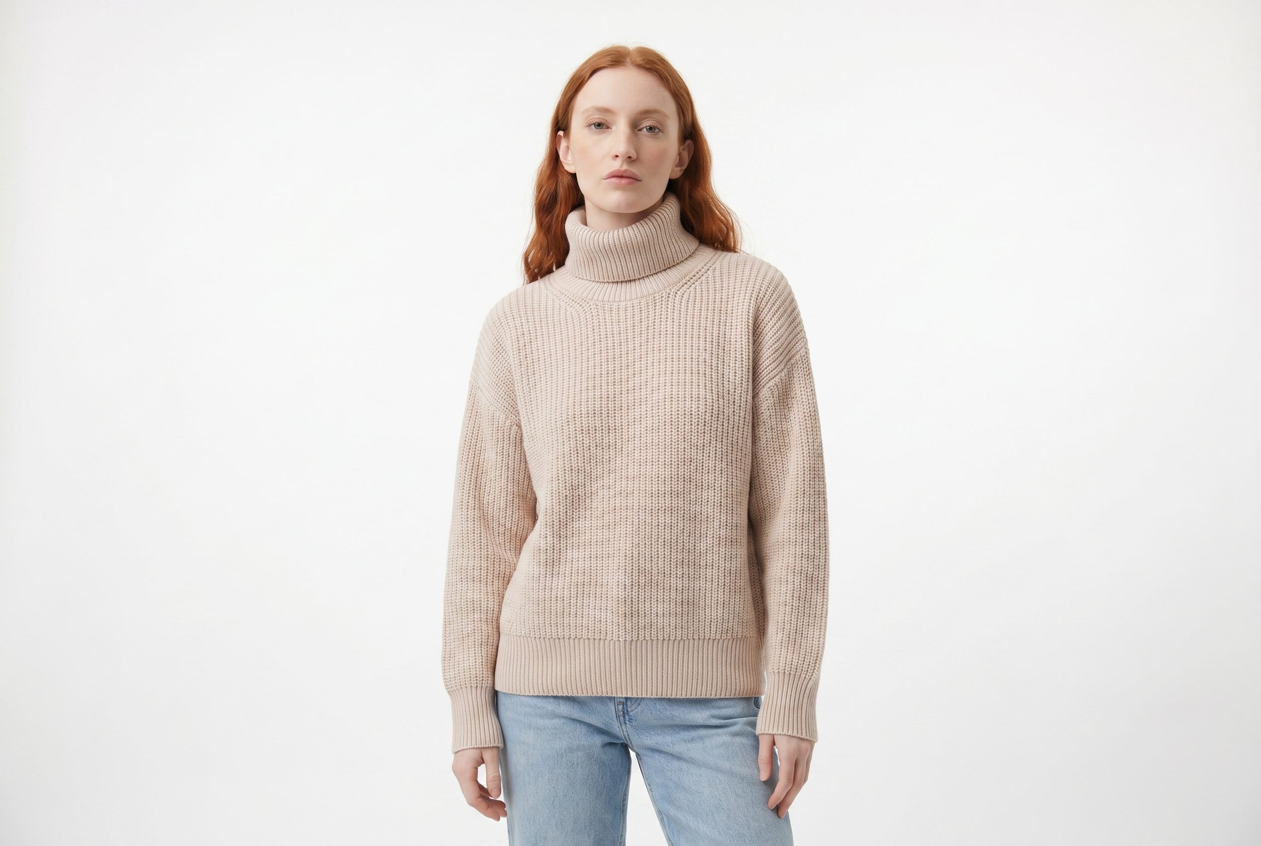 Fotogenic AI model generator workflow image with an ecommerce sweater model on a neutral studio background