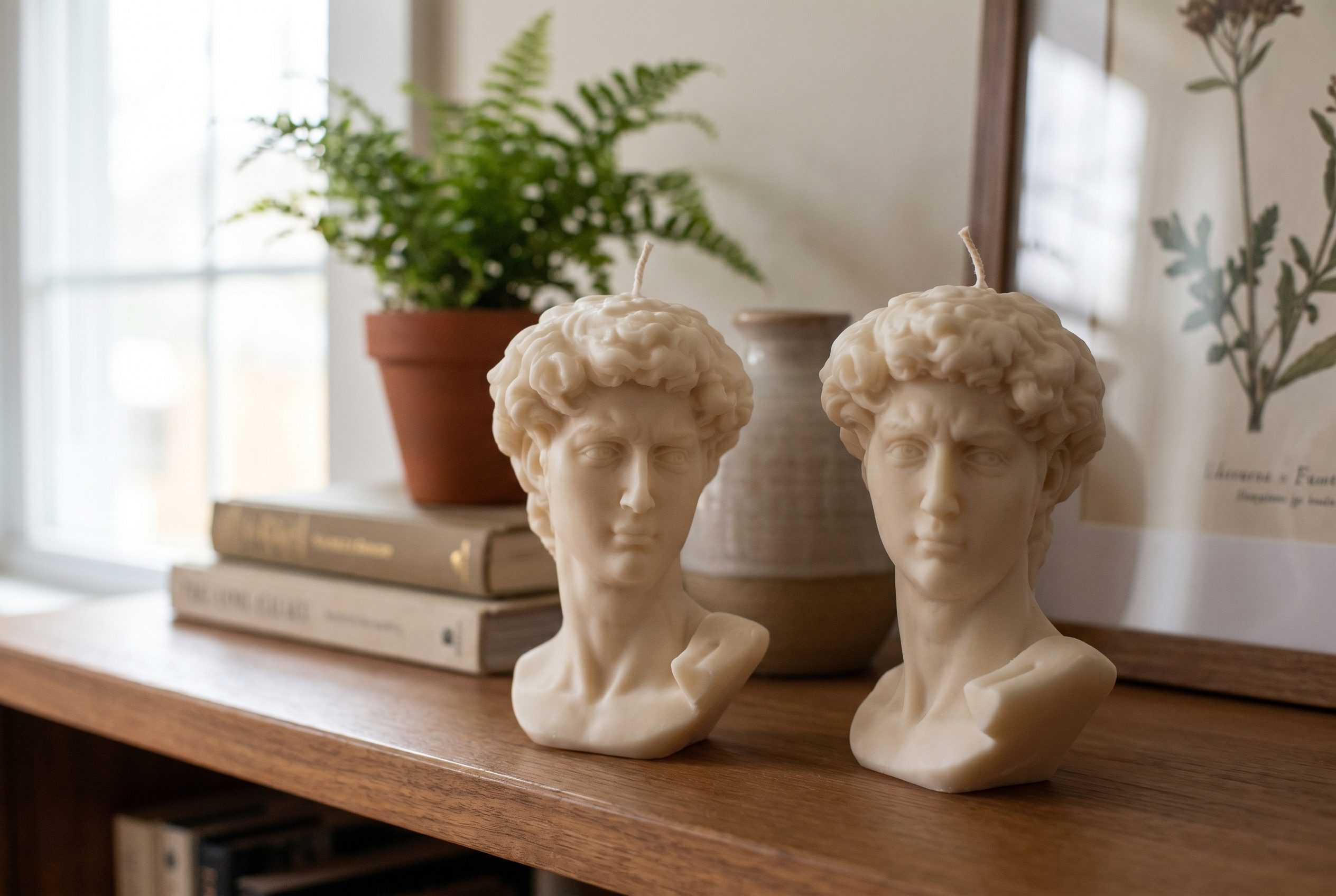 Fotogenic AI lifestyle scene showing cream sculptural bust candles on a warm home shelf