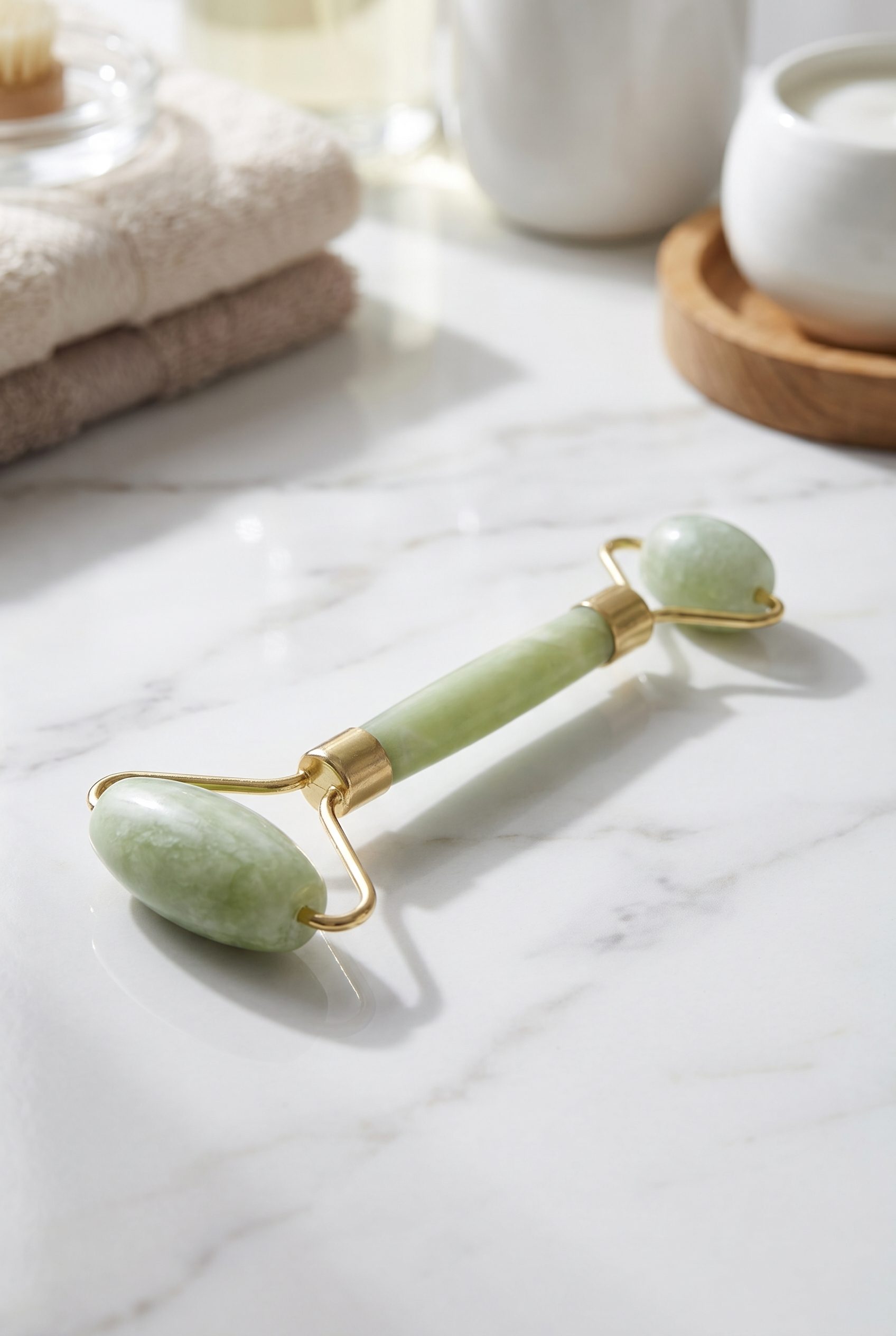 Fotogenic AI generated green jade facial roller product image in a clean spa bathroom scene