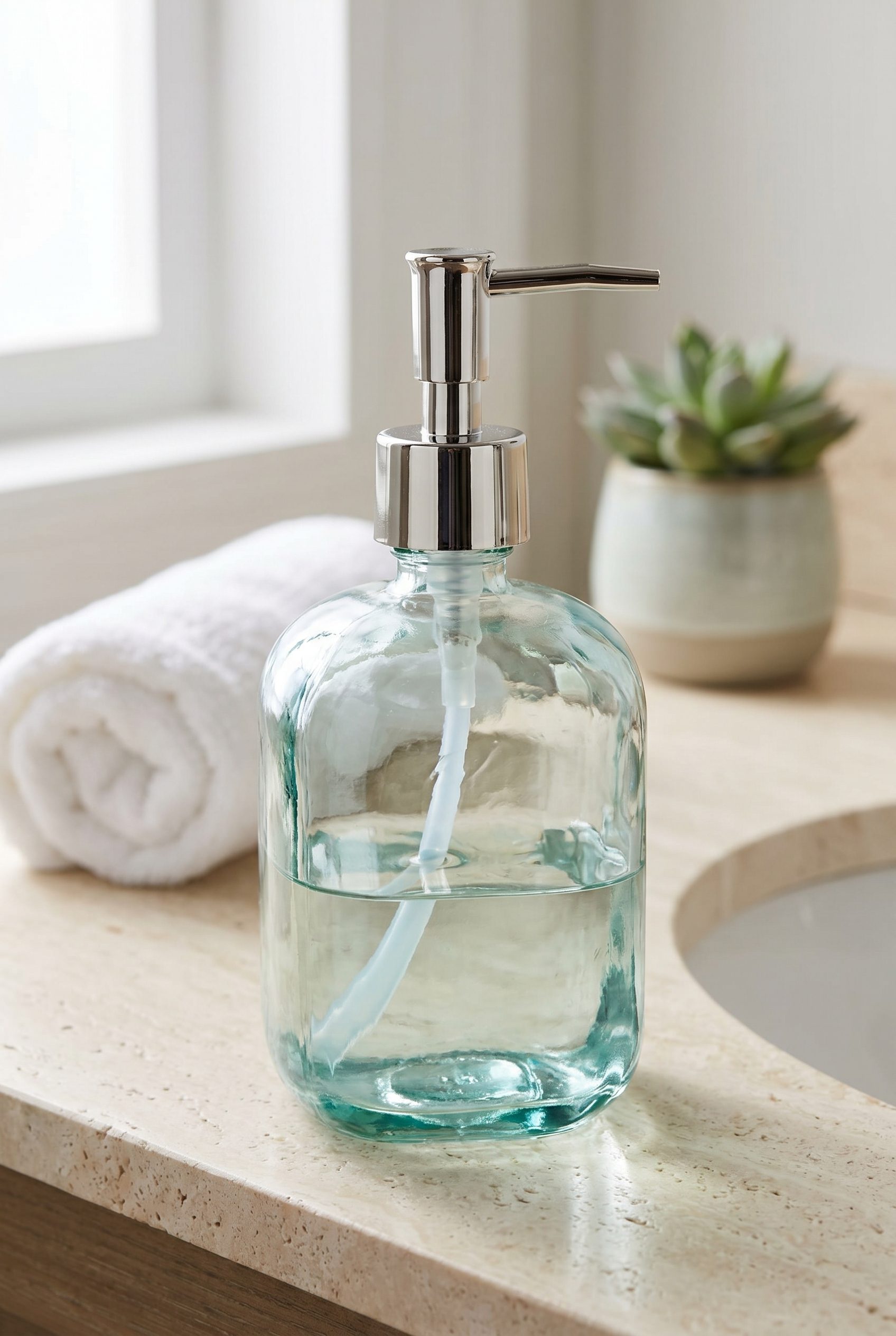 Fotogenic AI generated glass soap dispenser product photo on a spa bathroom counter