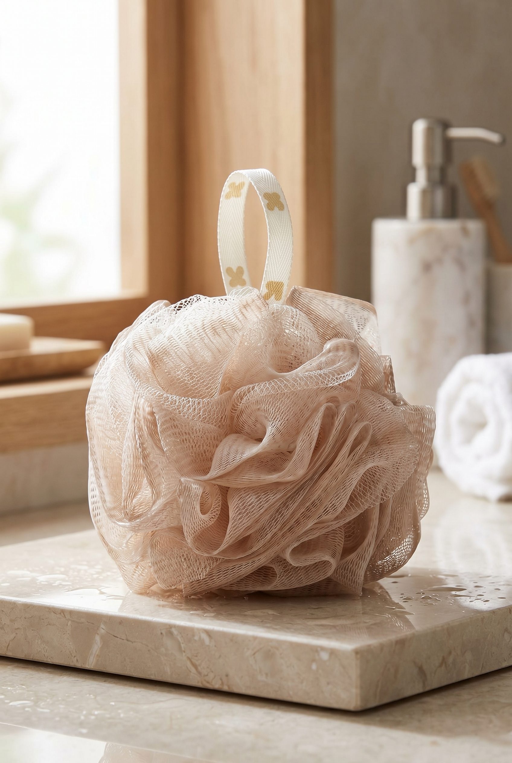 Fotogenic AI generated natural bath loofah product photo in a spa shower scene