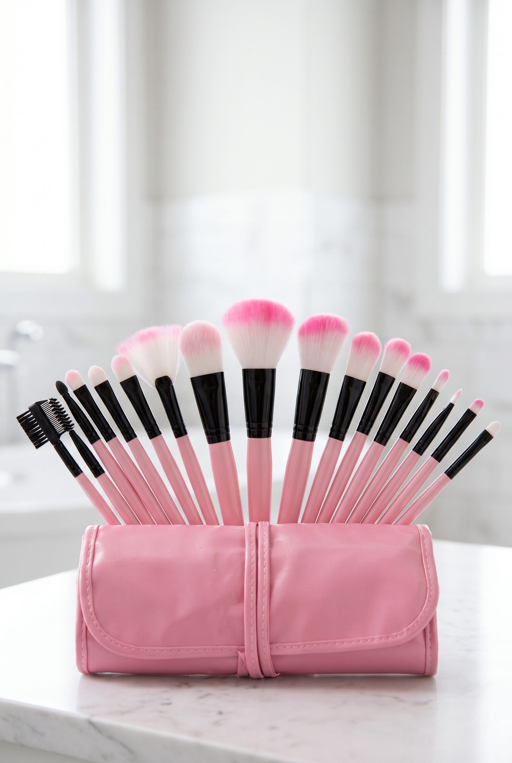 Fotogenic AI generated pink makeup brush kit product photo in a clean studio vanity scene