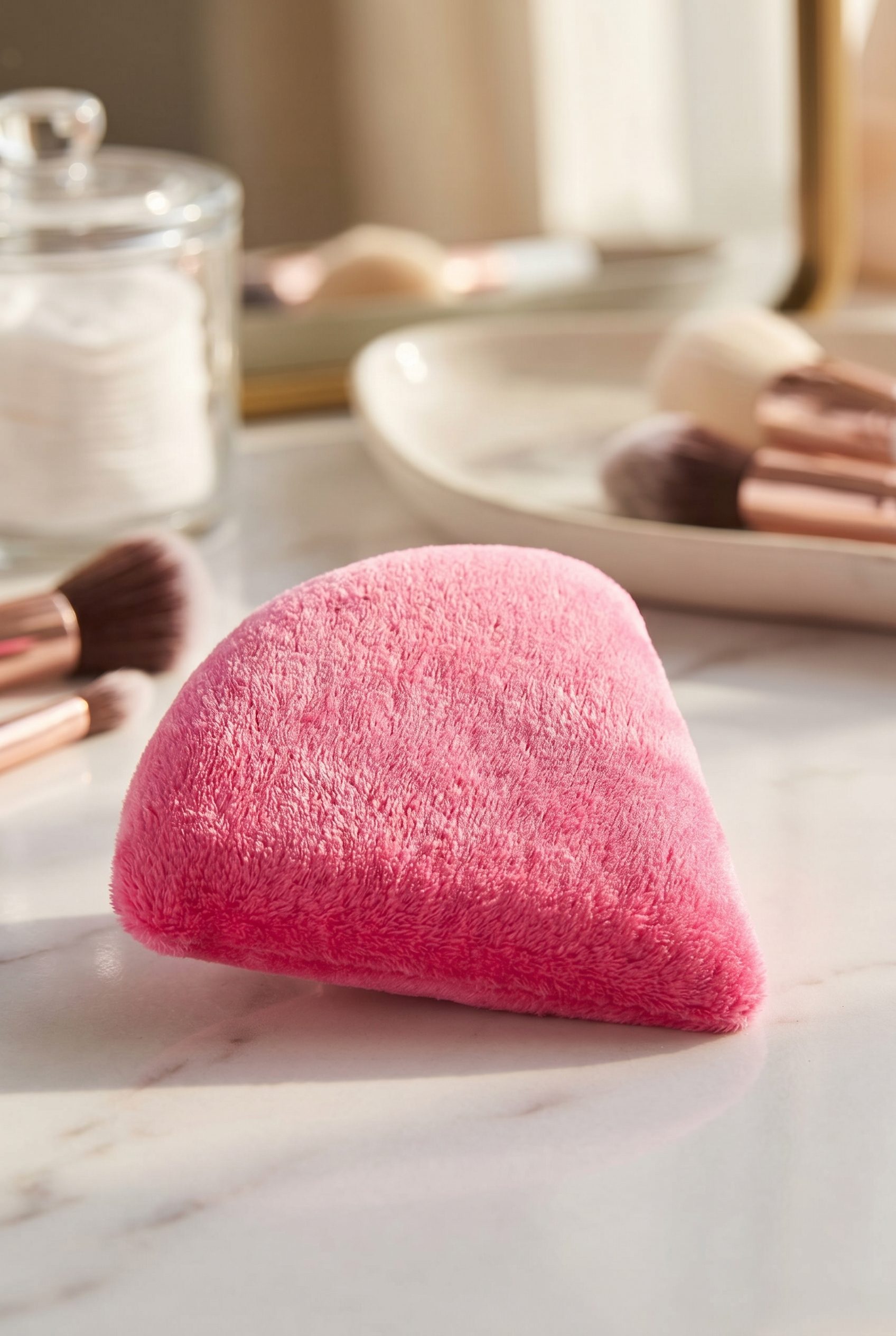 Fotogenic AI generated pink powder puff product photo on a warm vanity