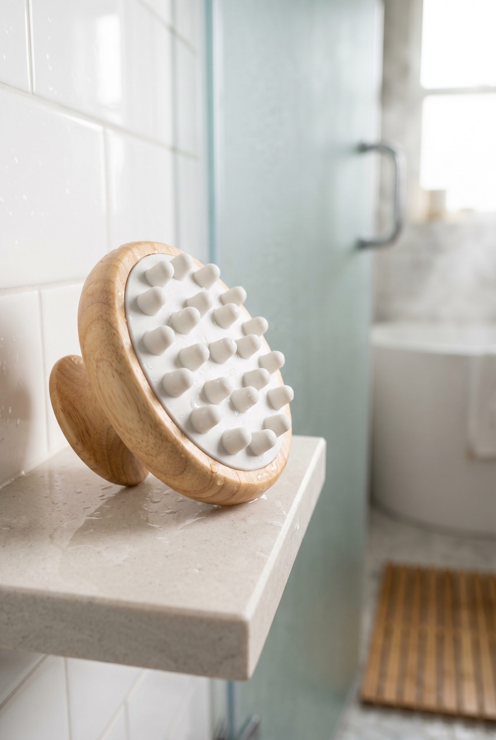 Fotogenic AI generated wood handle scalp massager product photo on a shower shelf