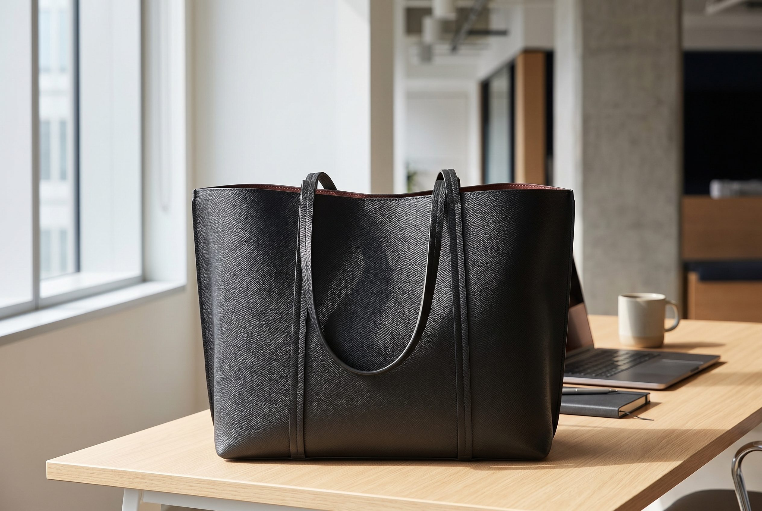 Fotogenic AI generated black work tote product photo on a clean office desk