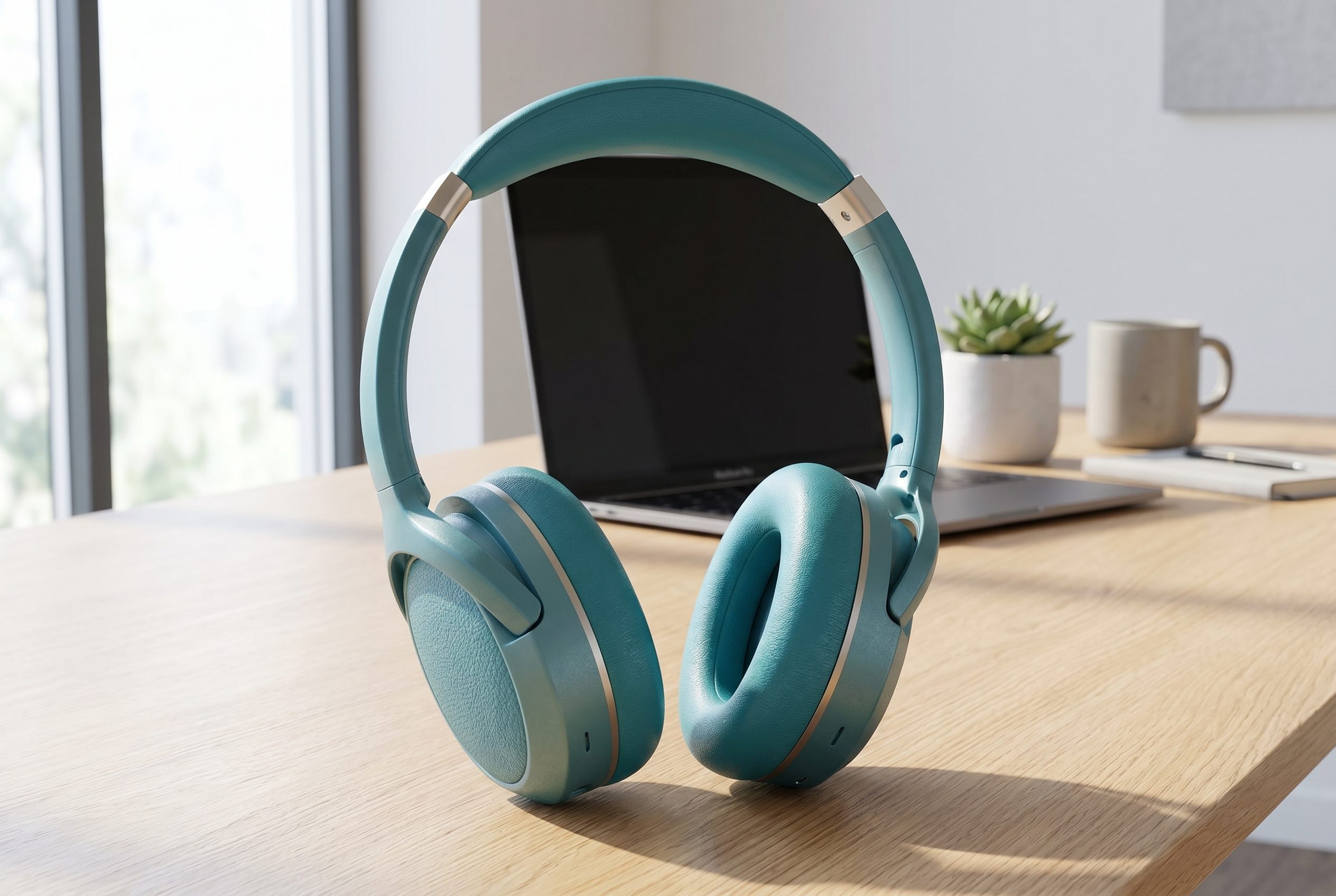 Fotogenic AI product photography side panel showing sage wireless headphones on a clean desk