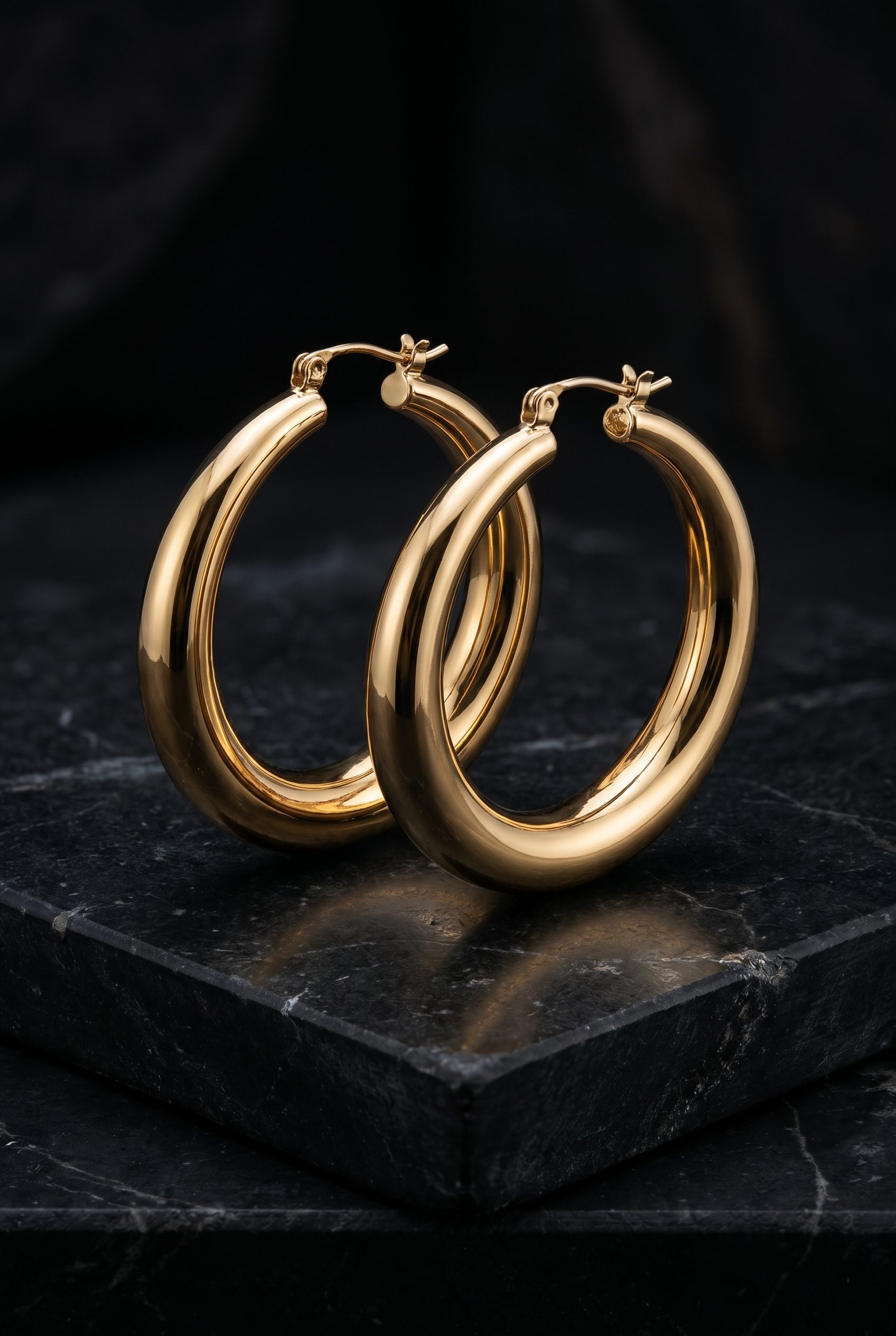 Fotogenic AI jewelry product photography showing gold hoop earrings on dark stone