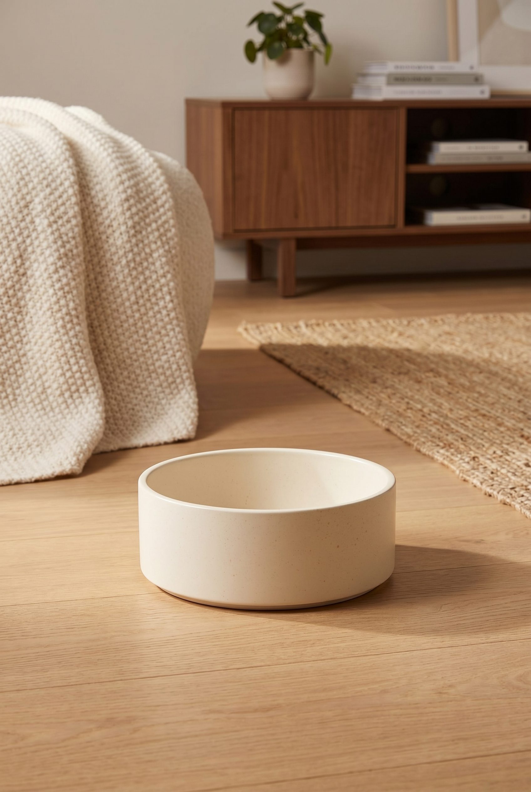 Fotogenic AI pet product photography showing a cream ceramic dog bowl in a home scene