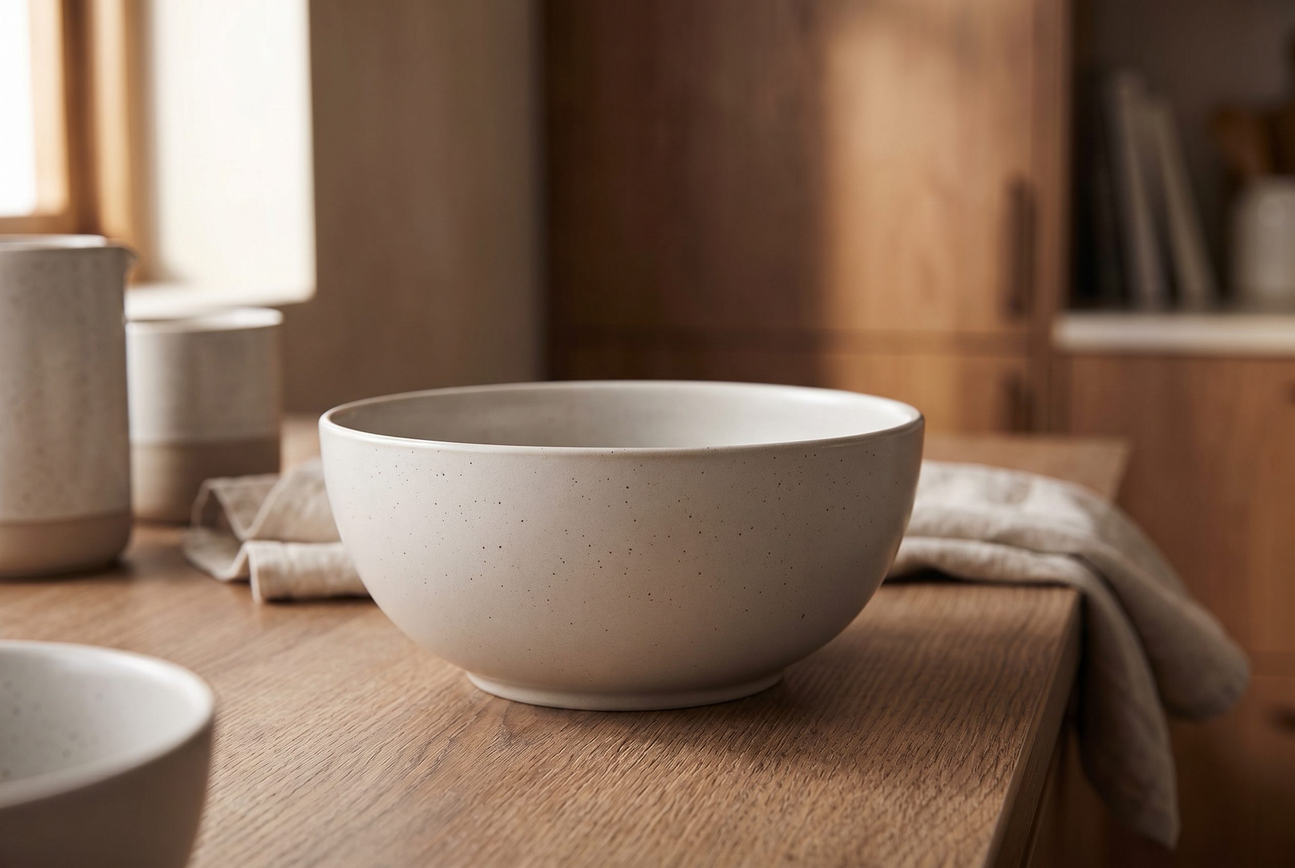 Fotogenic AI brand kit product photography showing a speckled ceramic bowl in a warm consistent brand scene