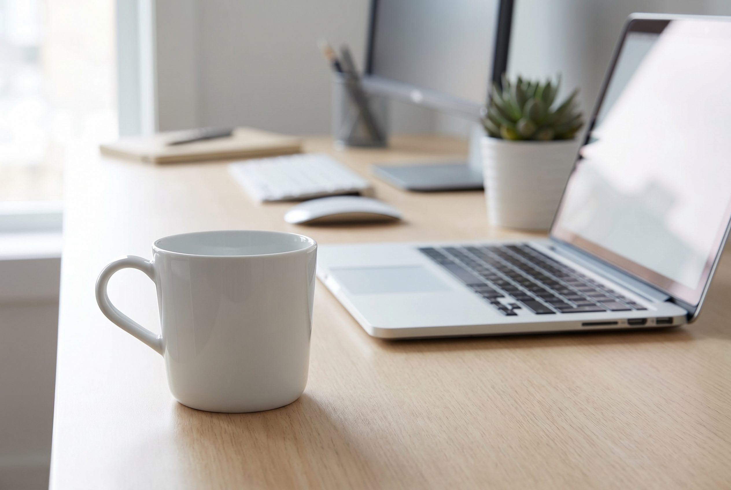 Fotogenic AI WordPress plugin product photography showing a white mug on a clean ecommerce desk