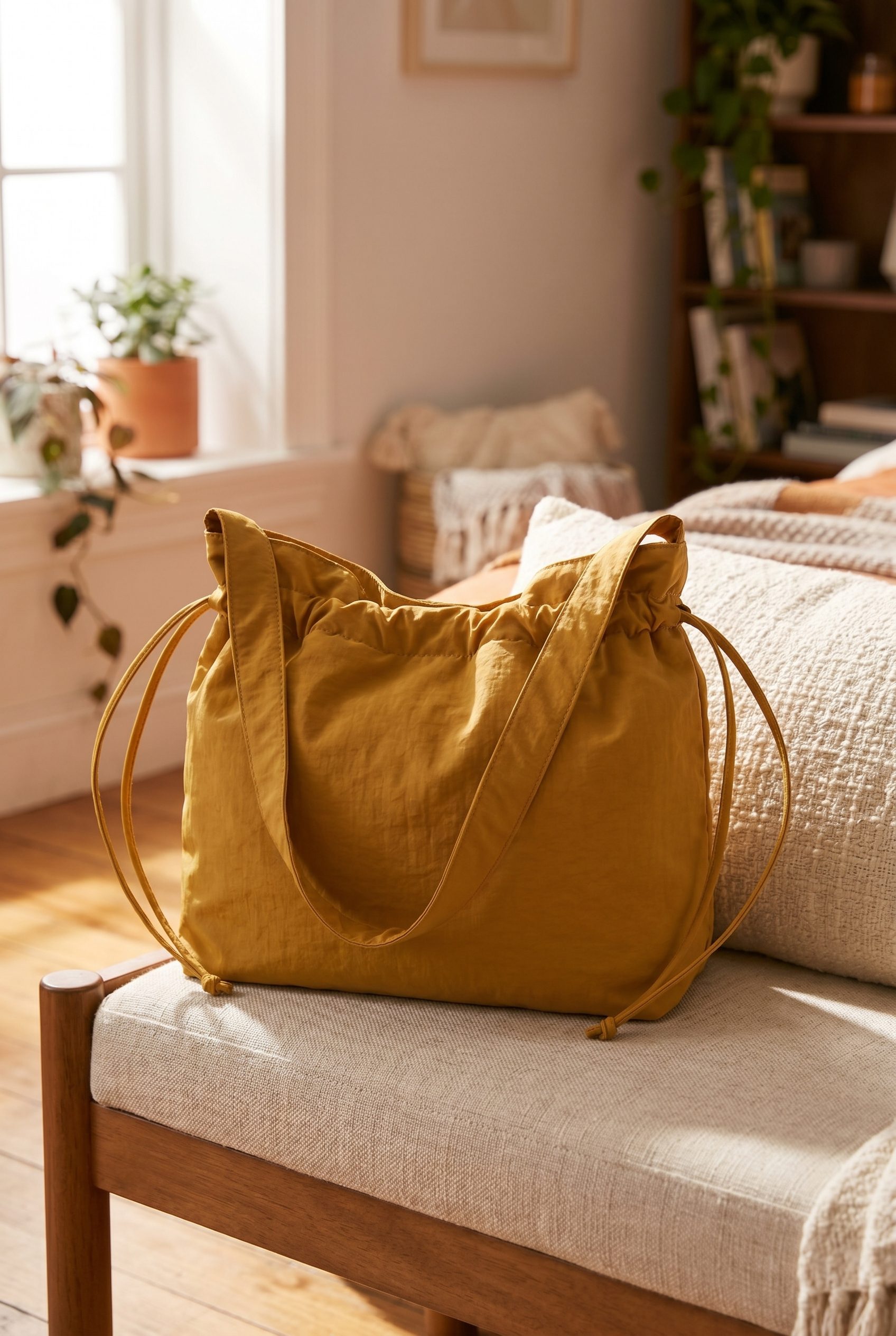 Google Shopping feed visual showing drawstring shoulder bag for accessory, footwear, jewelry, and bag products