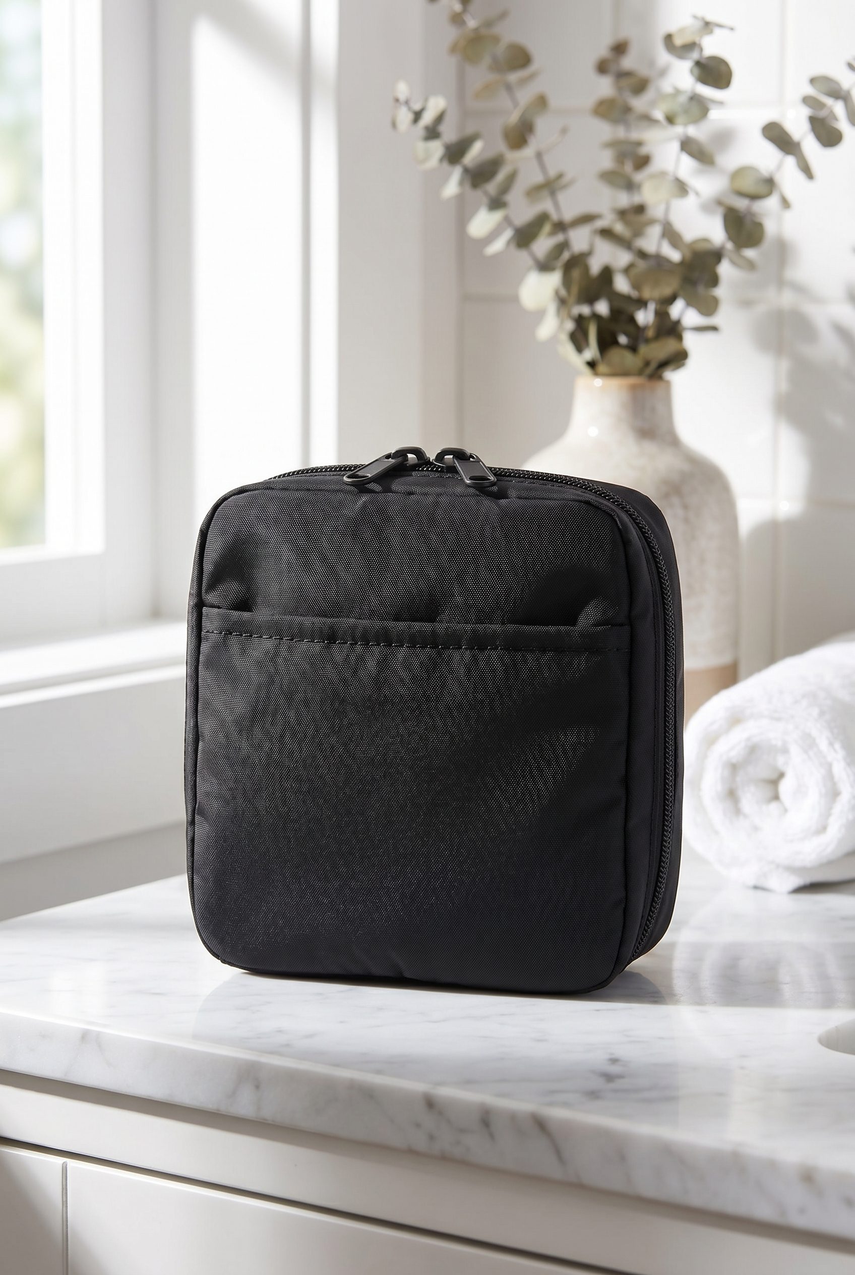 Google Shopping feed visual showing black nylon makeup pouch for accessory, footwear, jewelry, and bag products