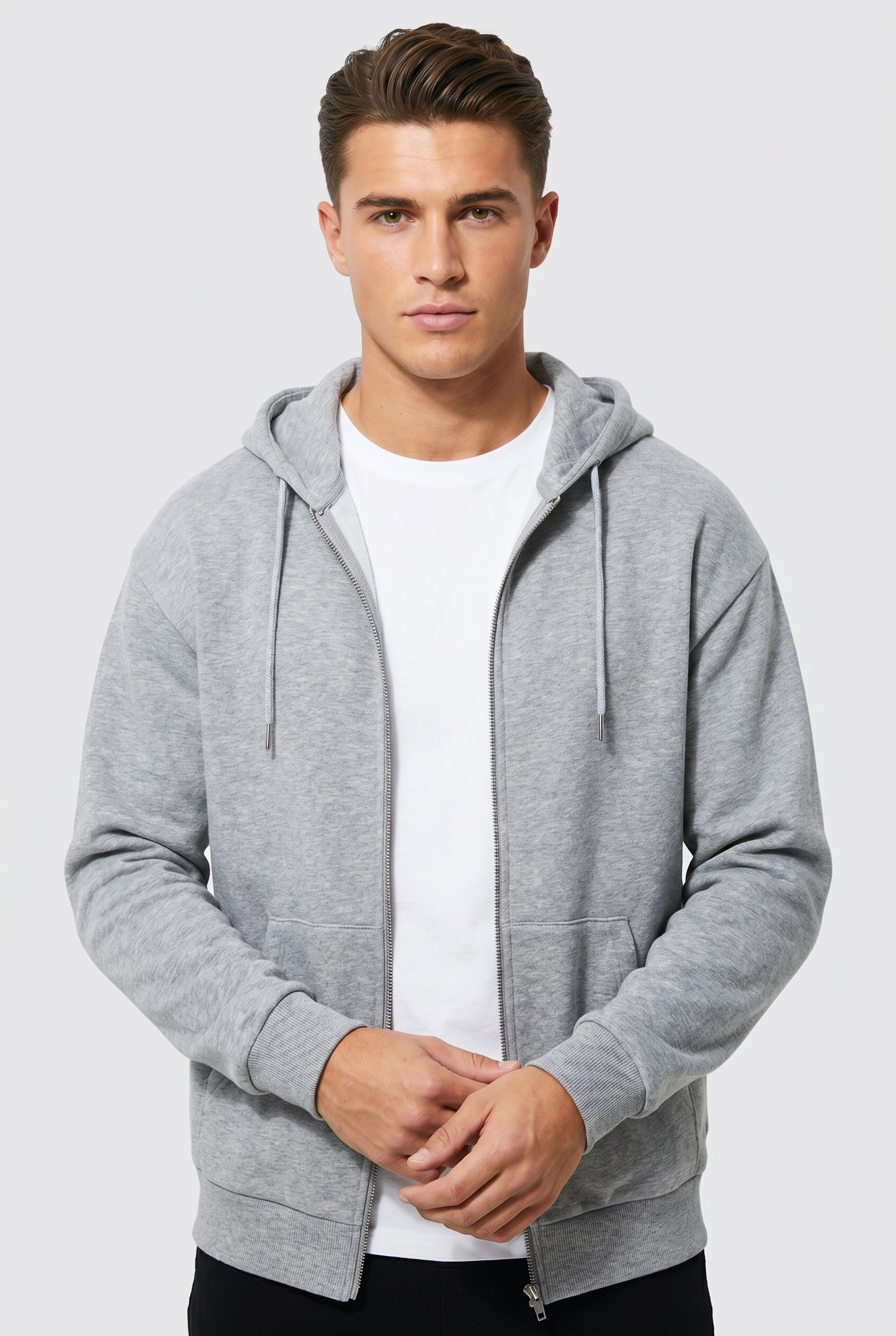 Shopify product visual showing gray zip hoodie for apparel and fashion products