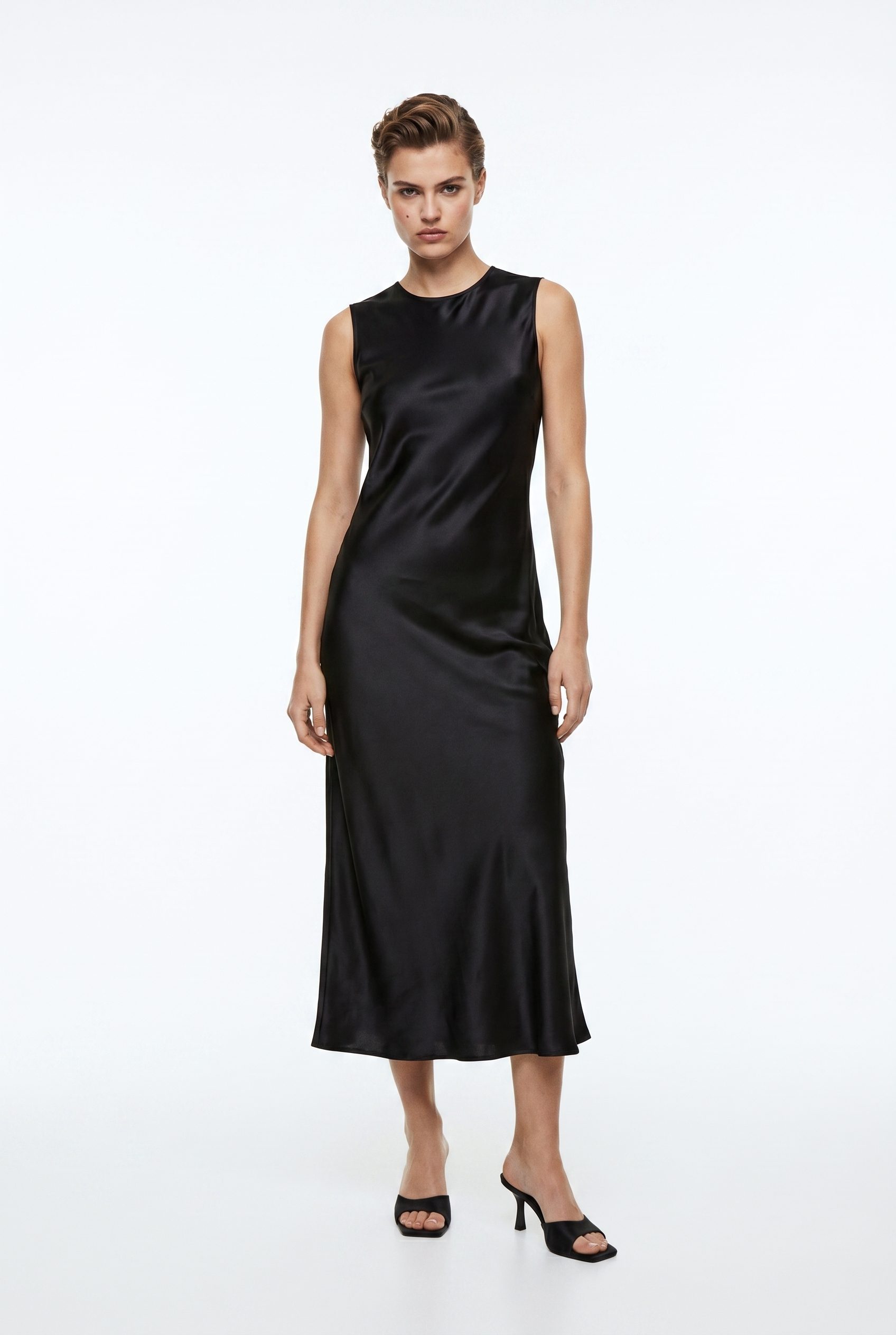 Shopify product visual showing black satin midi dress for apparel and fashion products