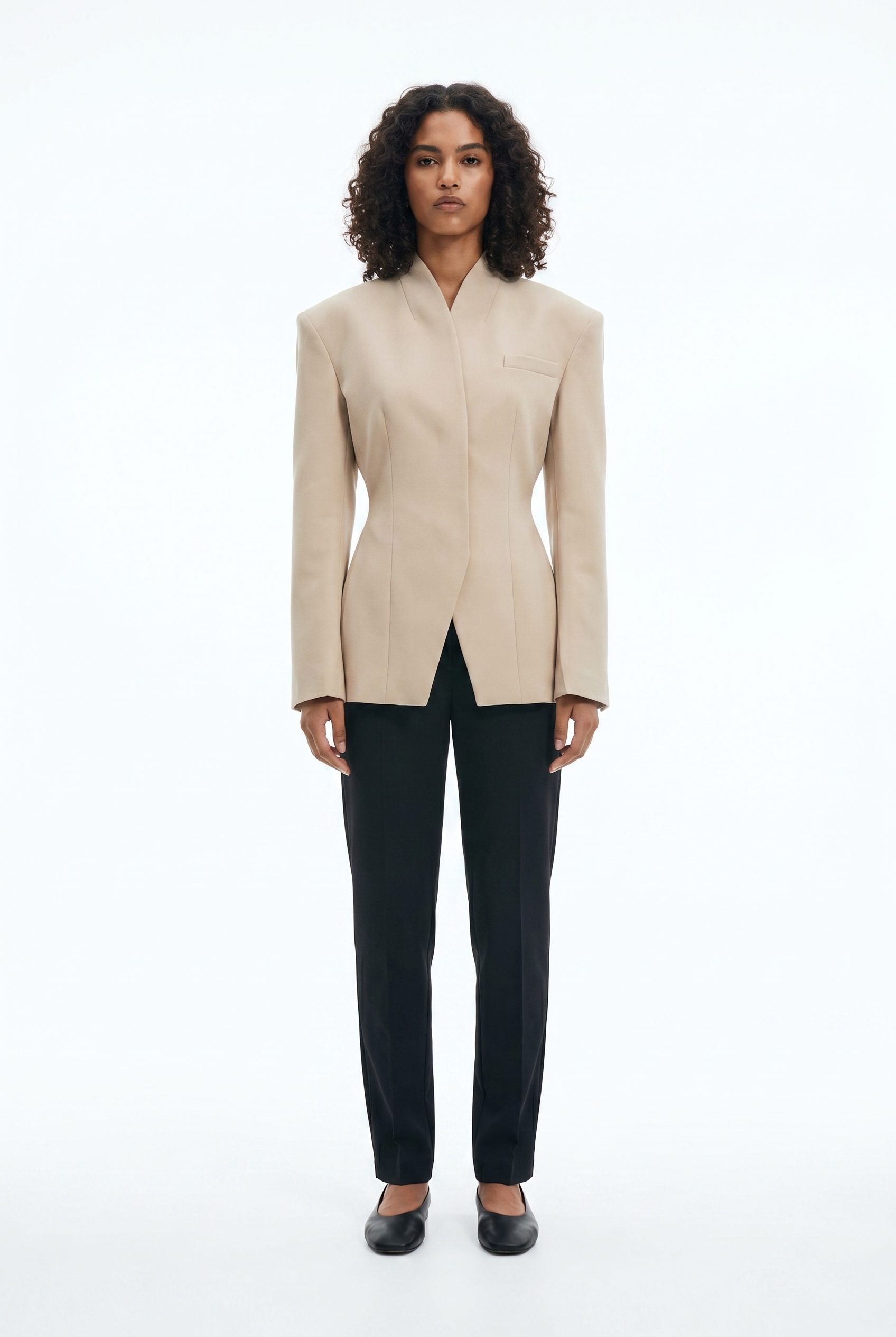 Shopify product visual showing beige wrap blazer for apparel and fashion products