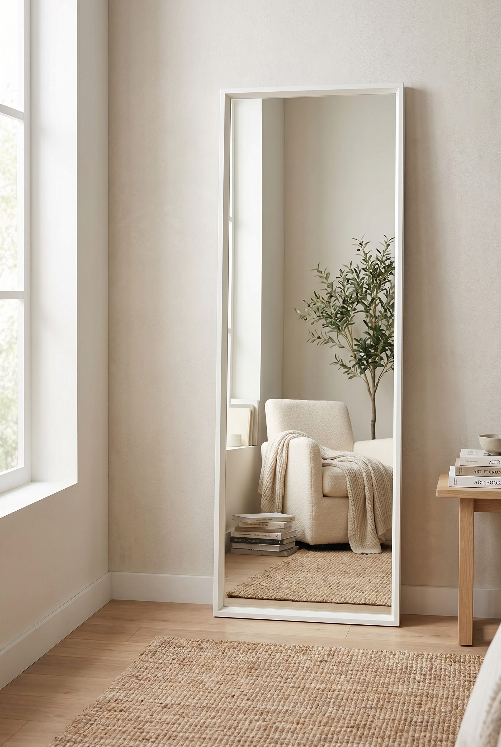 Shopify product visual showing white floor mirror for home goods and decor products