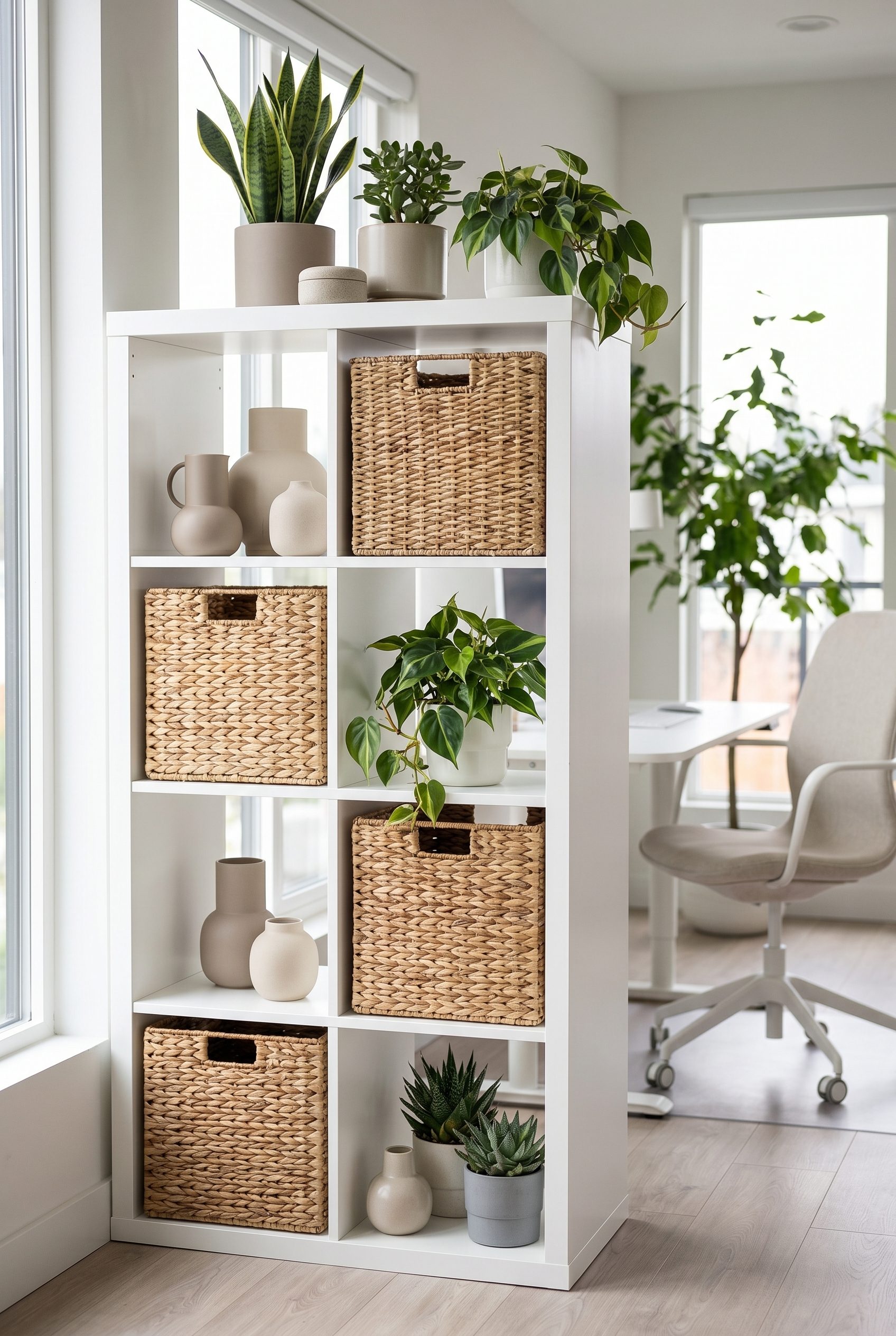 Amazon listing visual showing white shelf unit for home goods and decor products