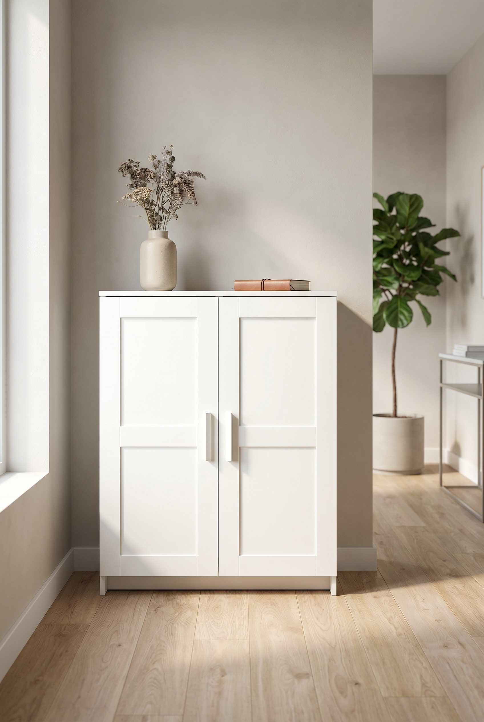 Amazon listing visual showing white storage cabinet for home goods and decor products