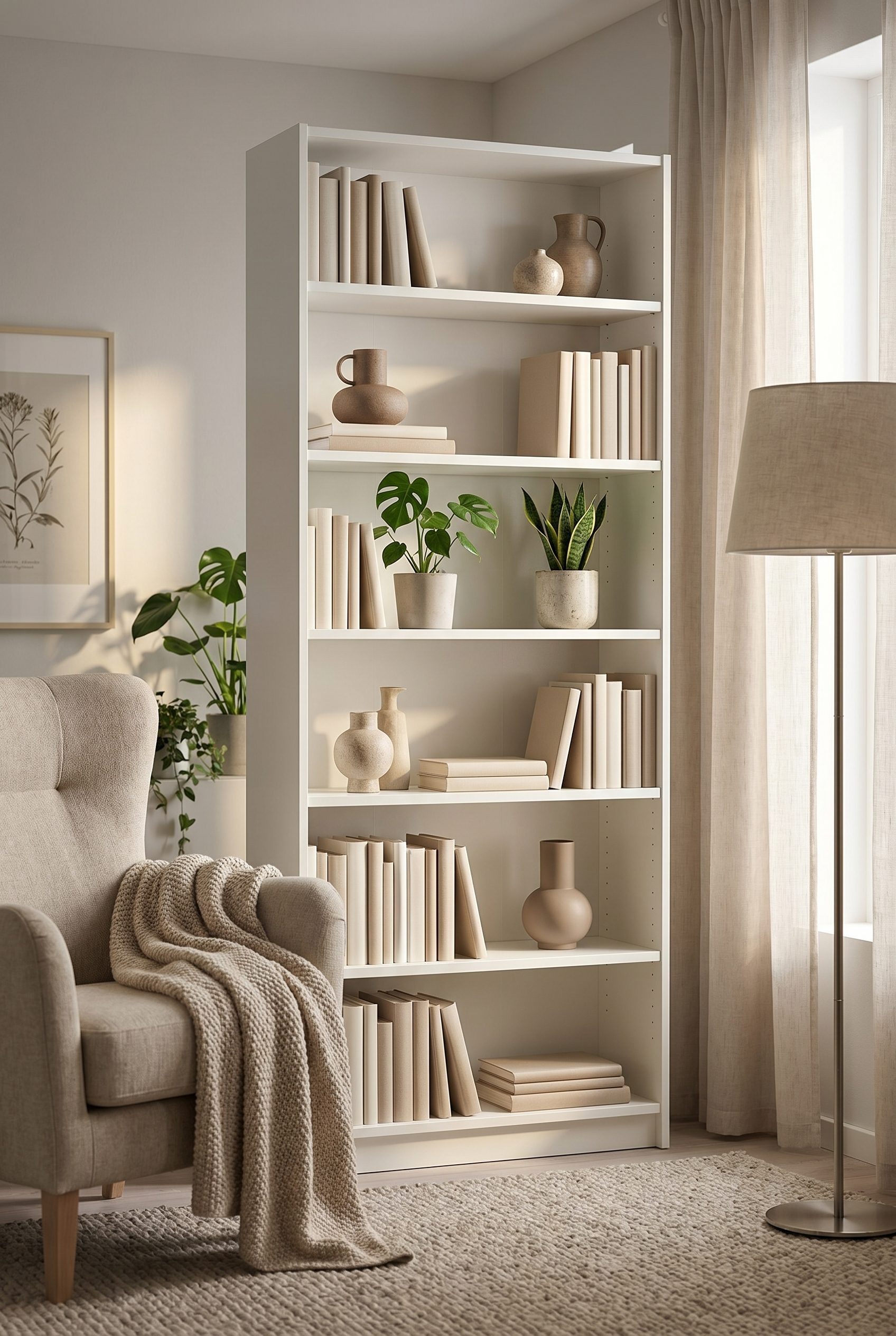 Amazon listing visual showing white bookcase for home goods and decor products